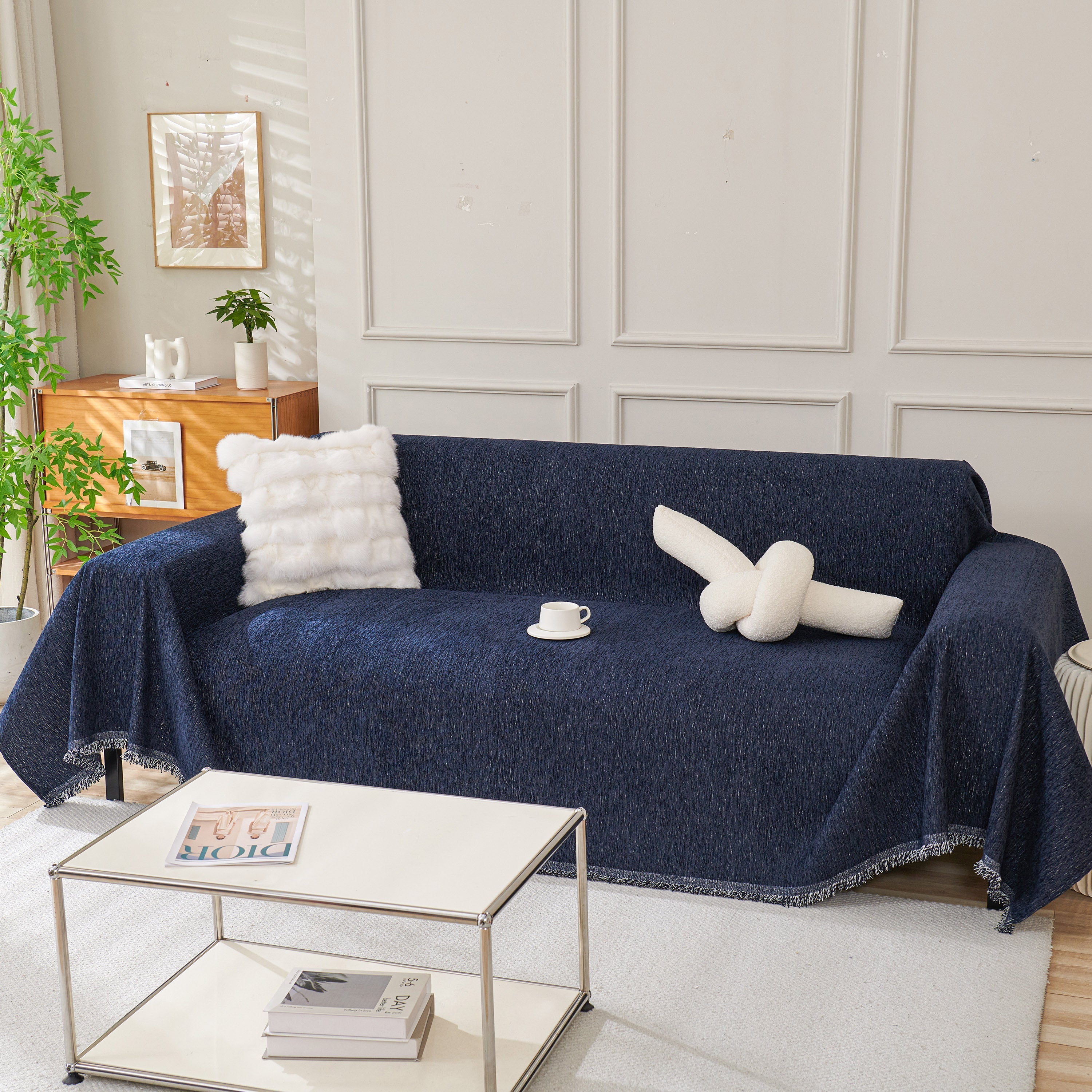 Solid Chenille Sofa Throw with Fringed Edge
