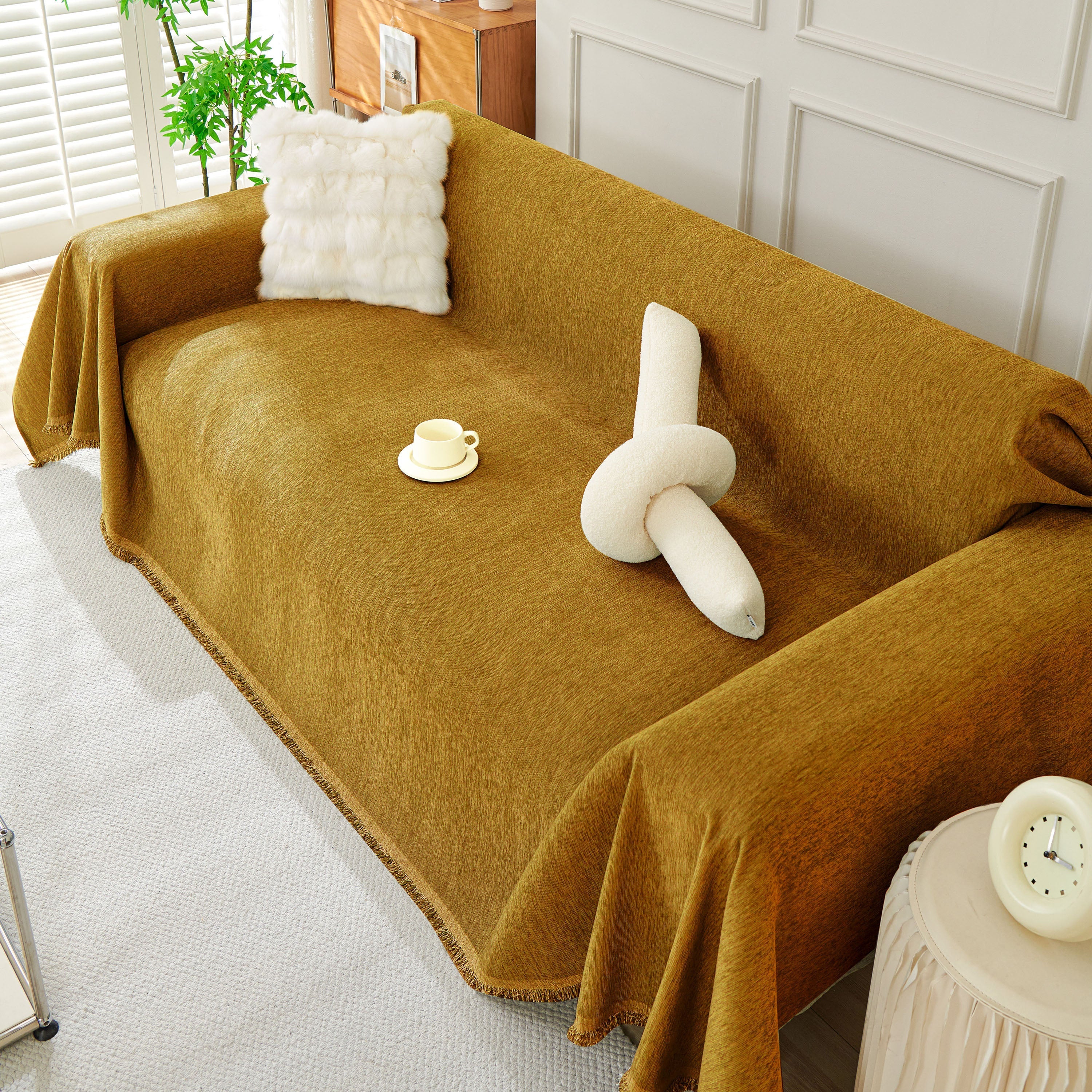 Solid Chenille Sofa Throw with Fringed Edge