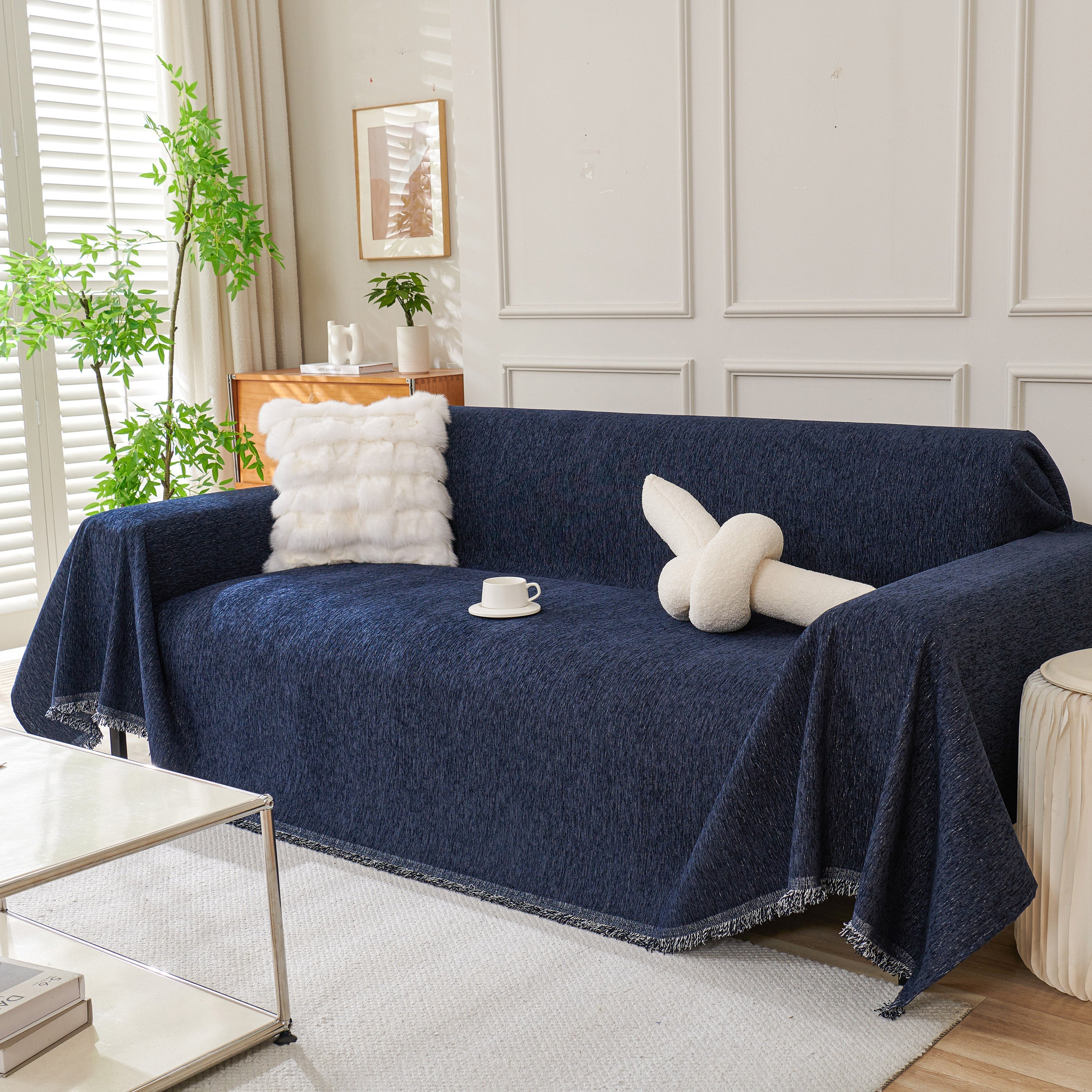 Solid Chenille Sofa Throw with Fringed Edge