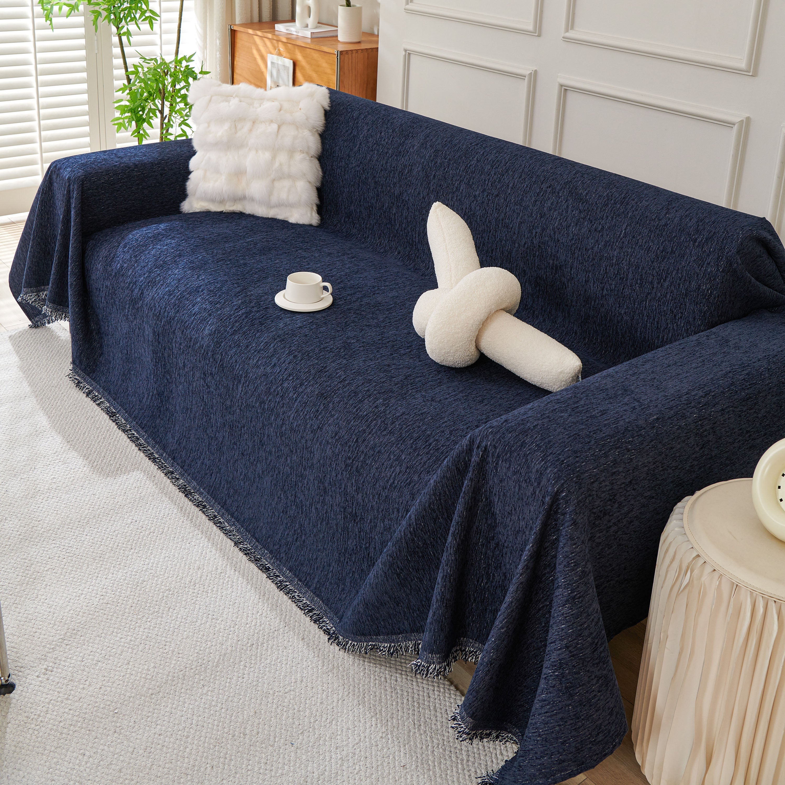 Solid Chenille Sofa Throw with Fringed Edge