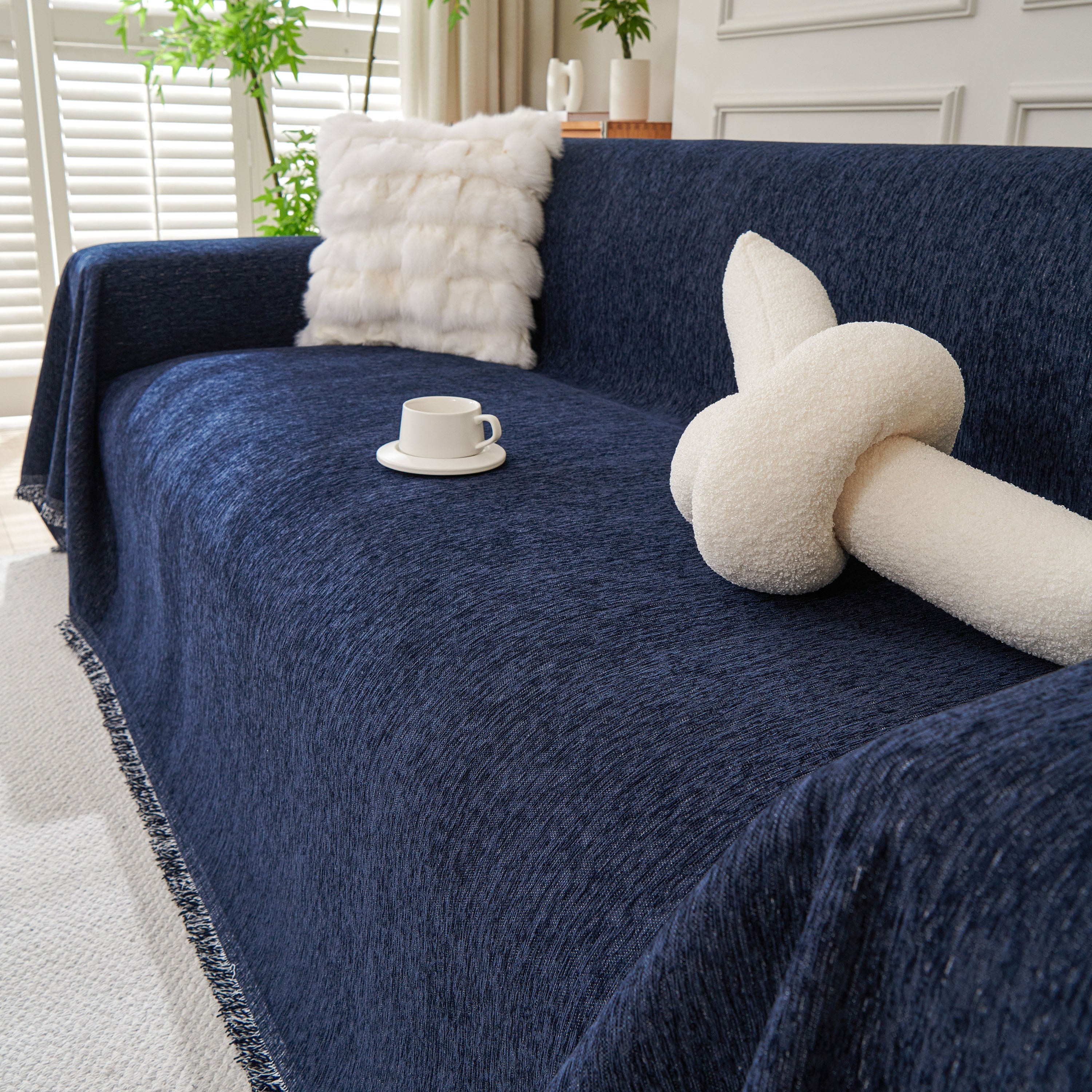 Solid Chenille Sofa Throw with Fringed Edge