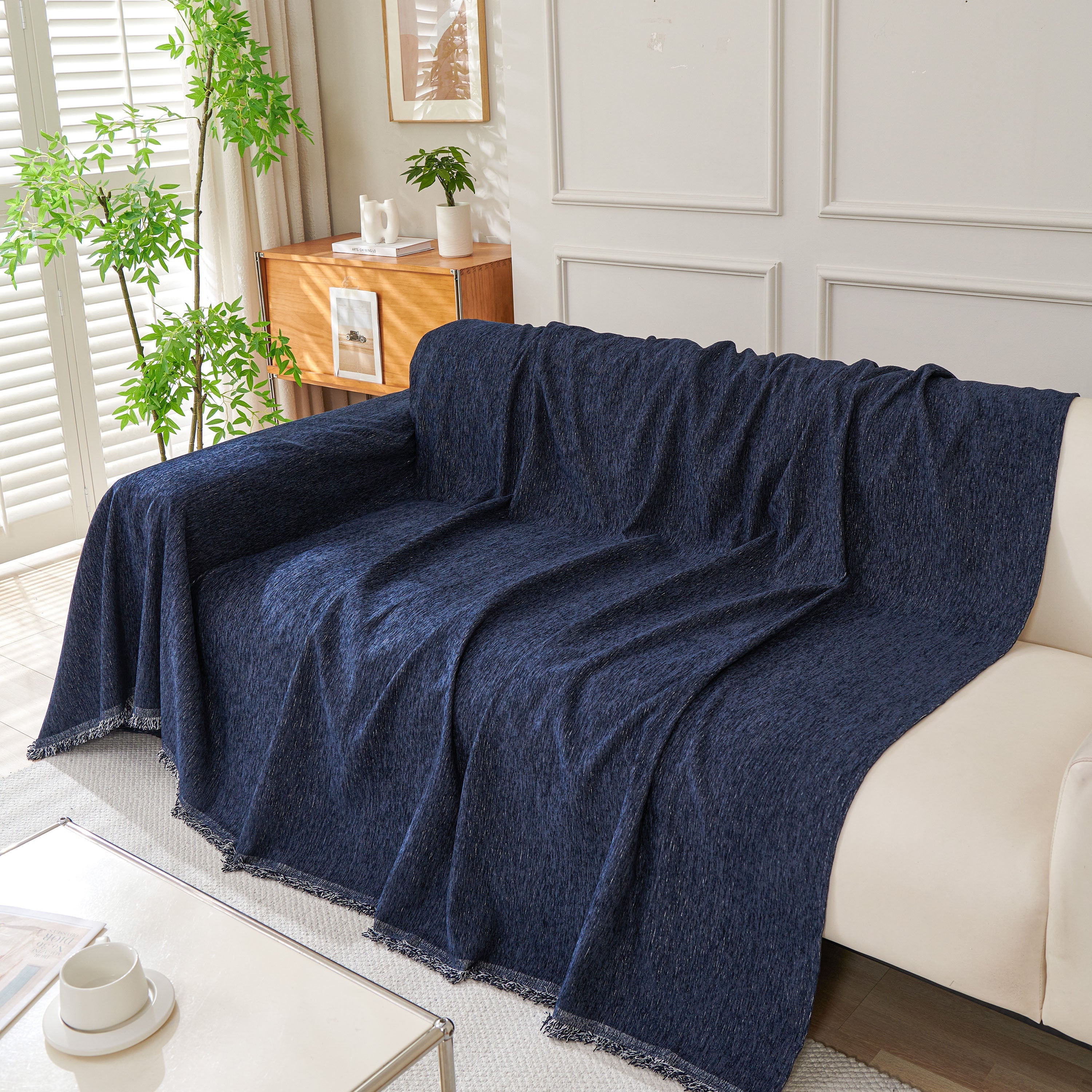Solid Chenille Sofa Throw with Fringed Edge