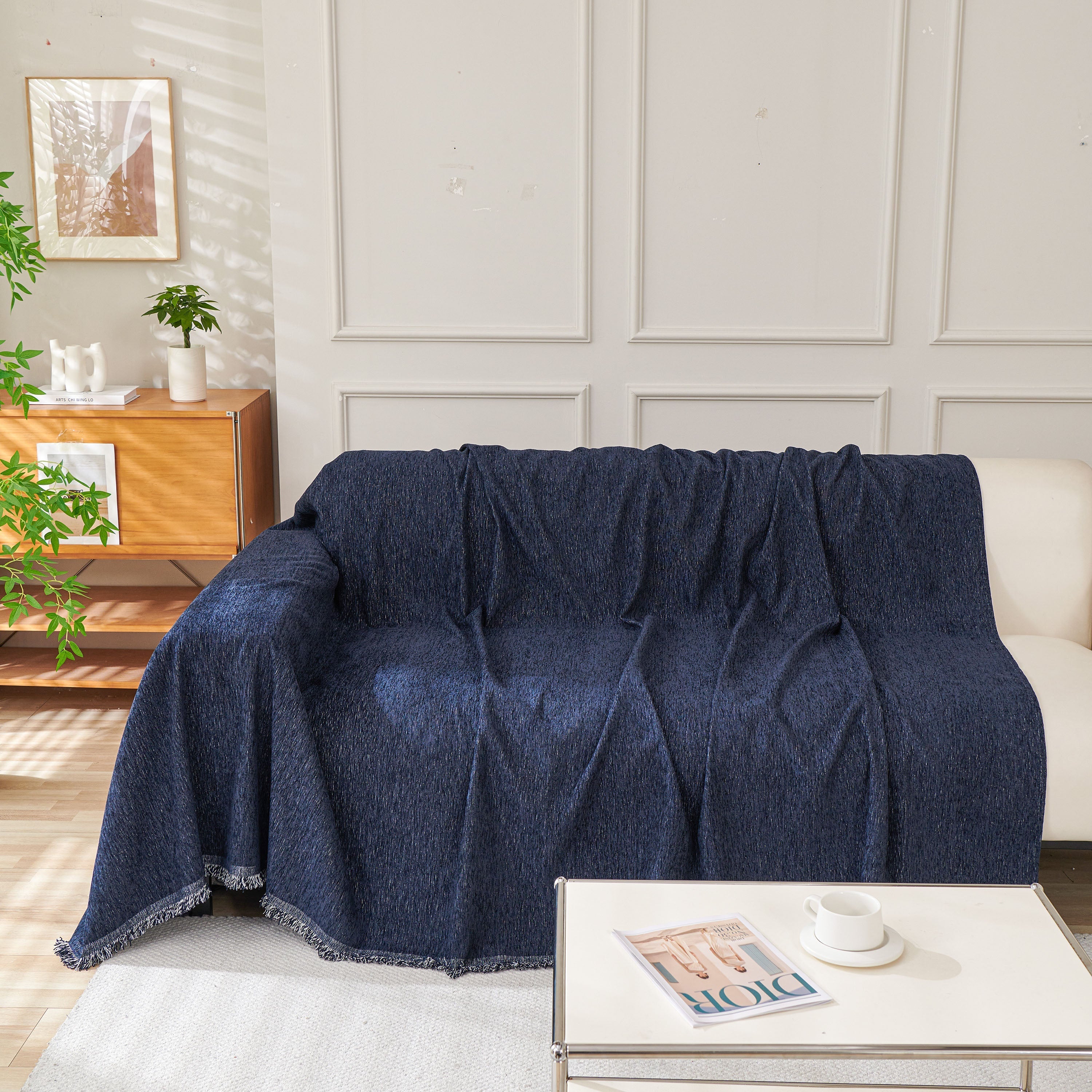 Solid Chenille Sofa Throw with Fringed Edge