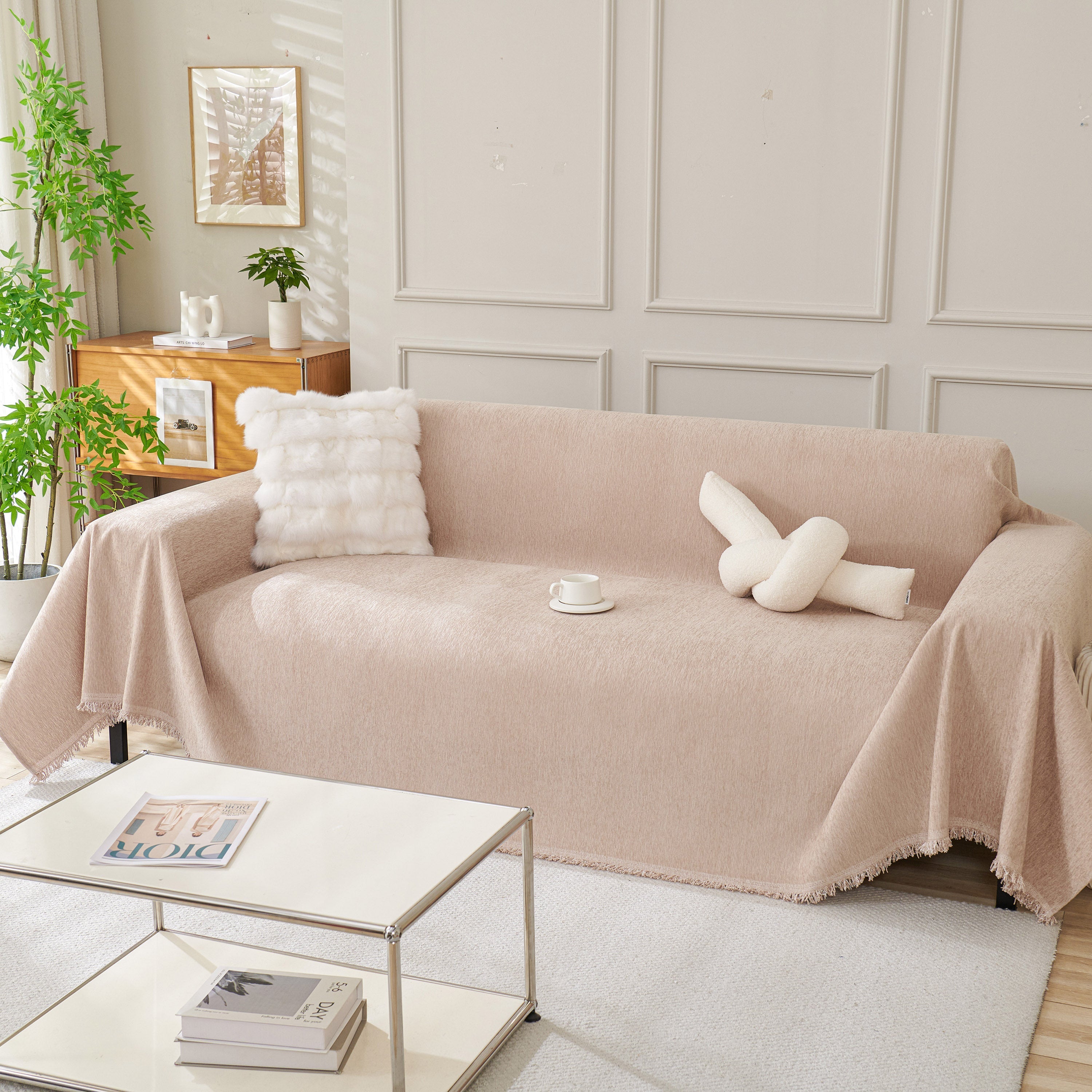 Solid Chenille Sofa Throw with Fringed Edge