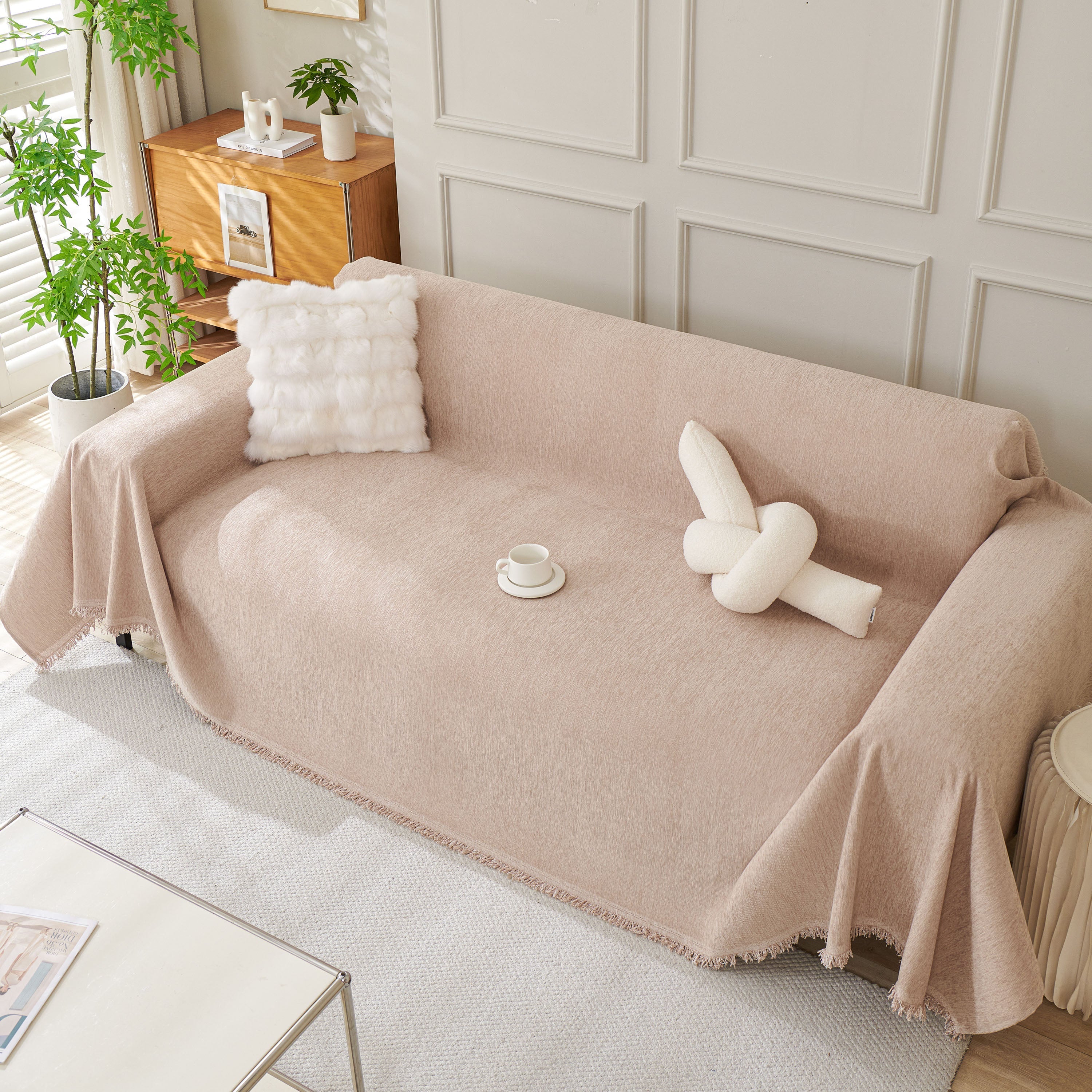 Solid Chenille Sofa Throw with Fringed Edge