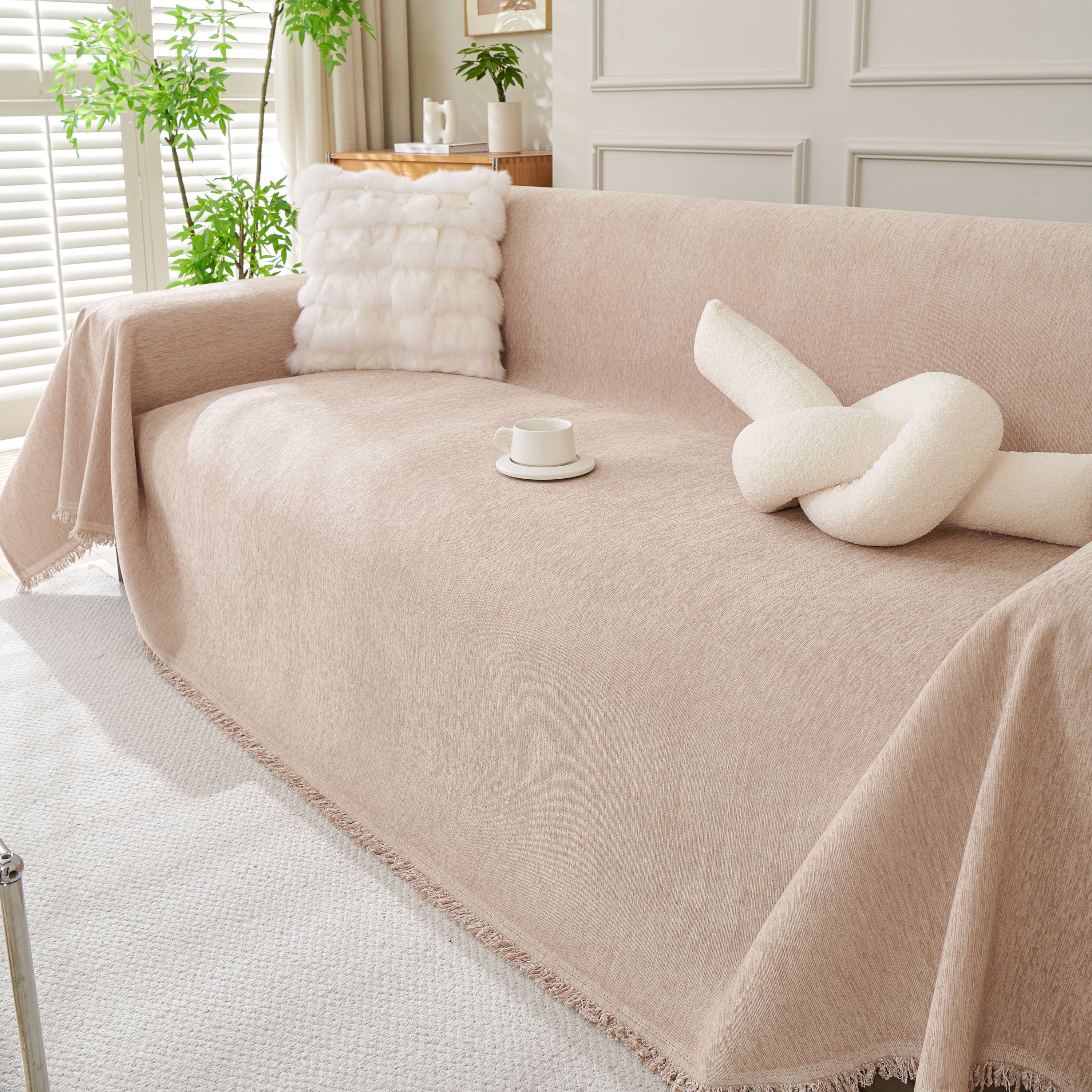 Solid Chenille Sofa Throw with Fringed Edge