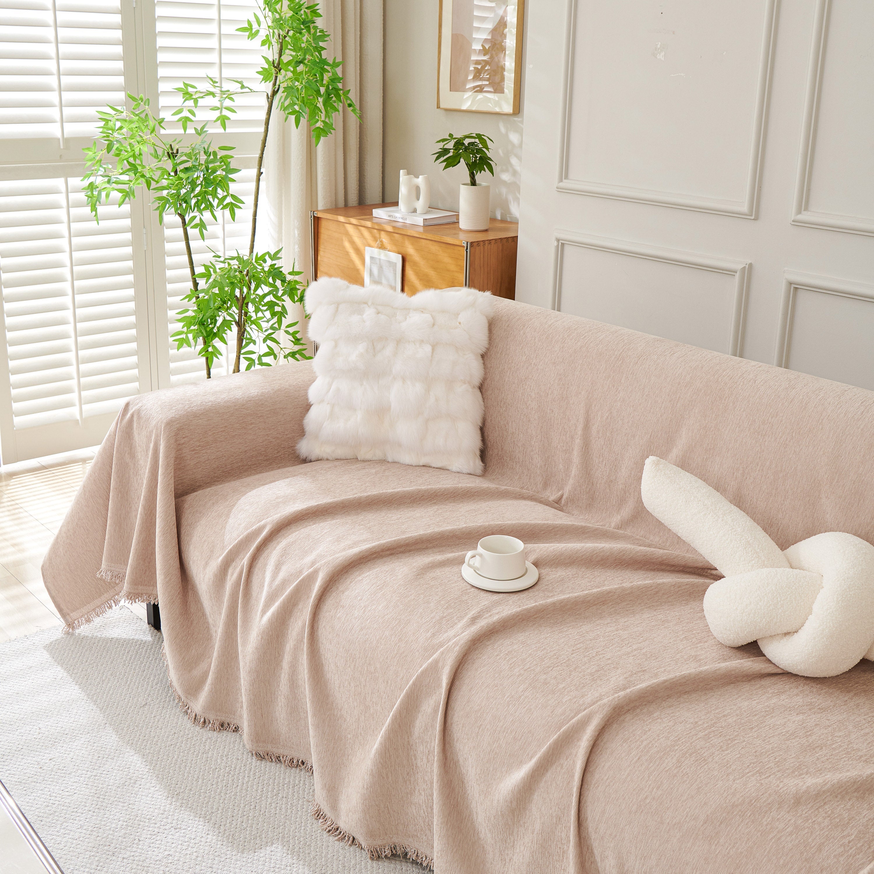 Solid Chenille Sofa Throw with Fringed Edge