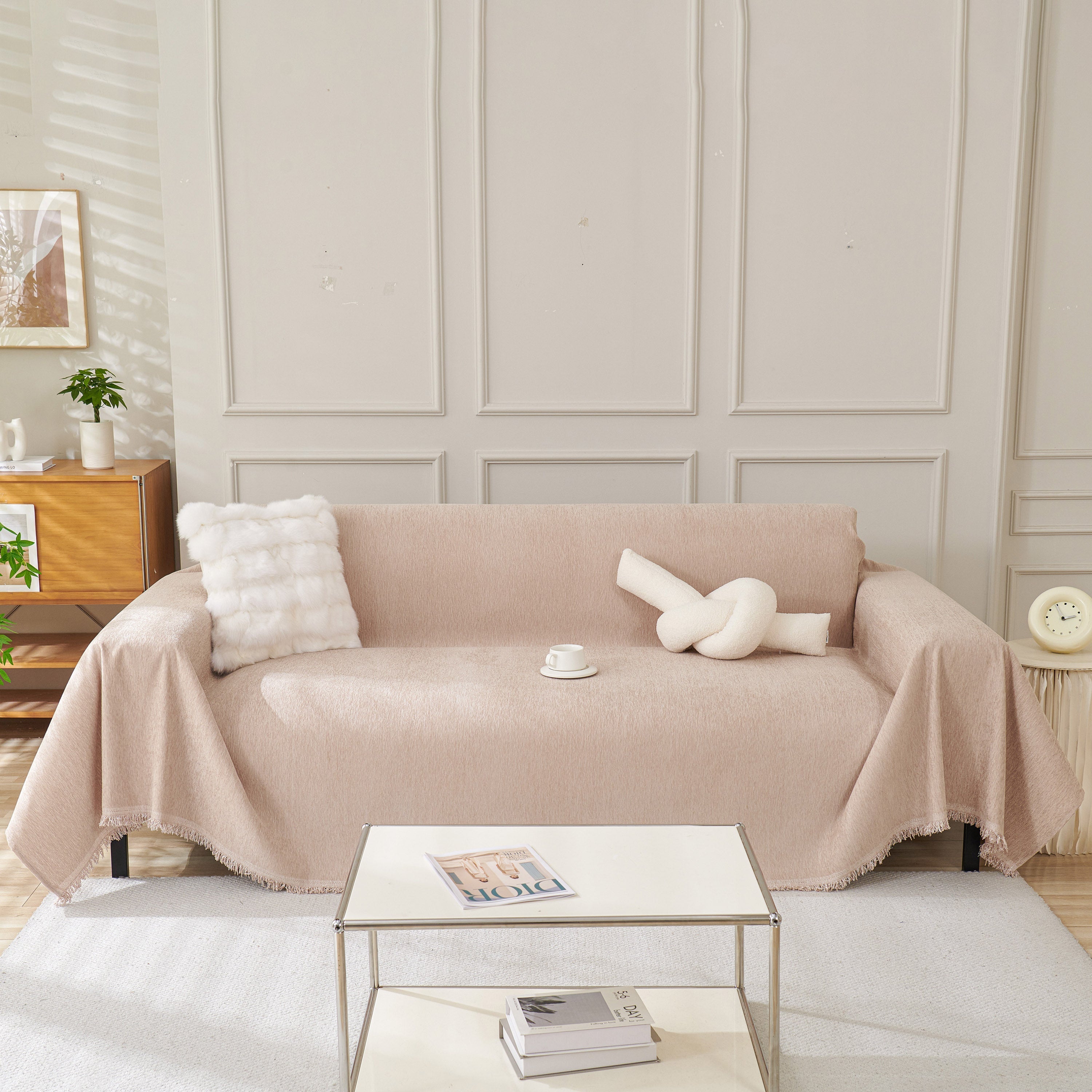 Solid Chenille Sofa Throw with Fringed Edge