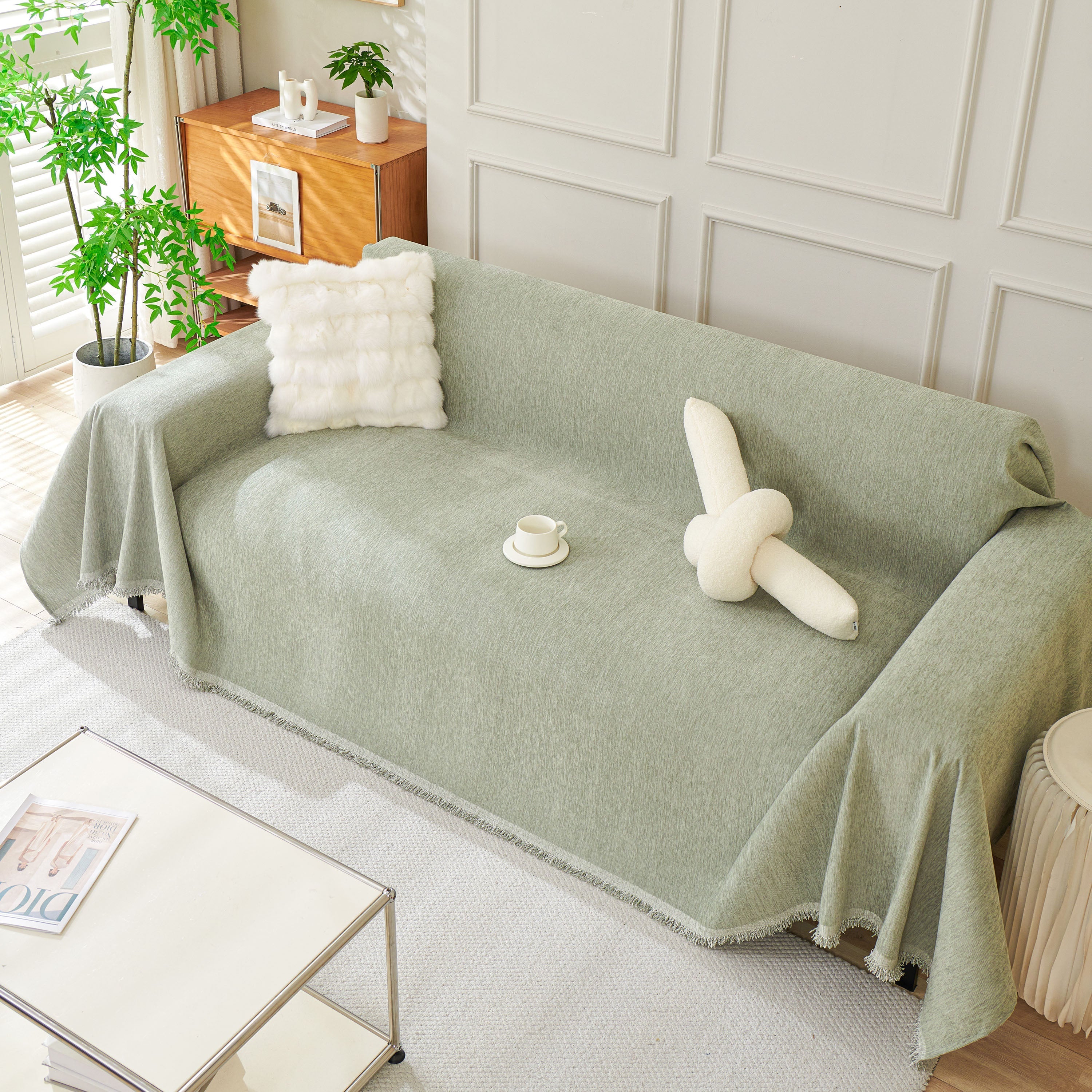 Solid Chenille Sofa Throw with Fringed Edge