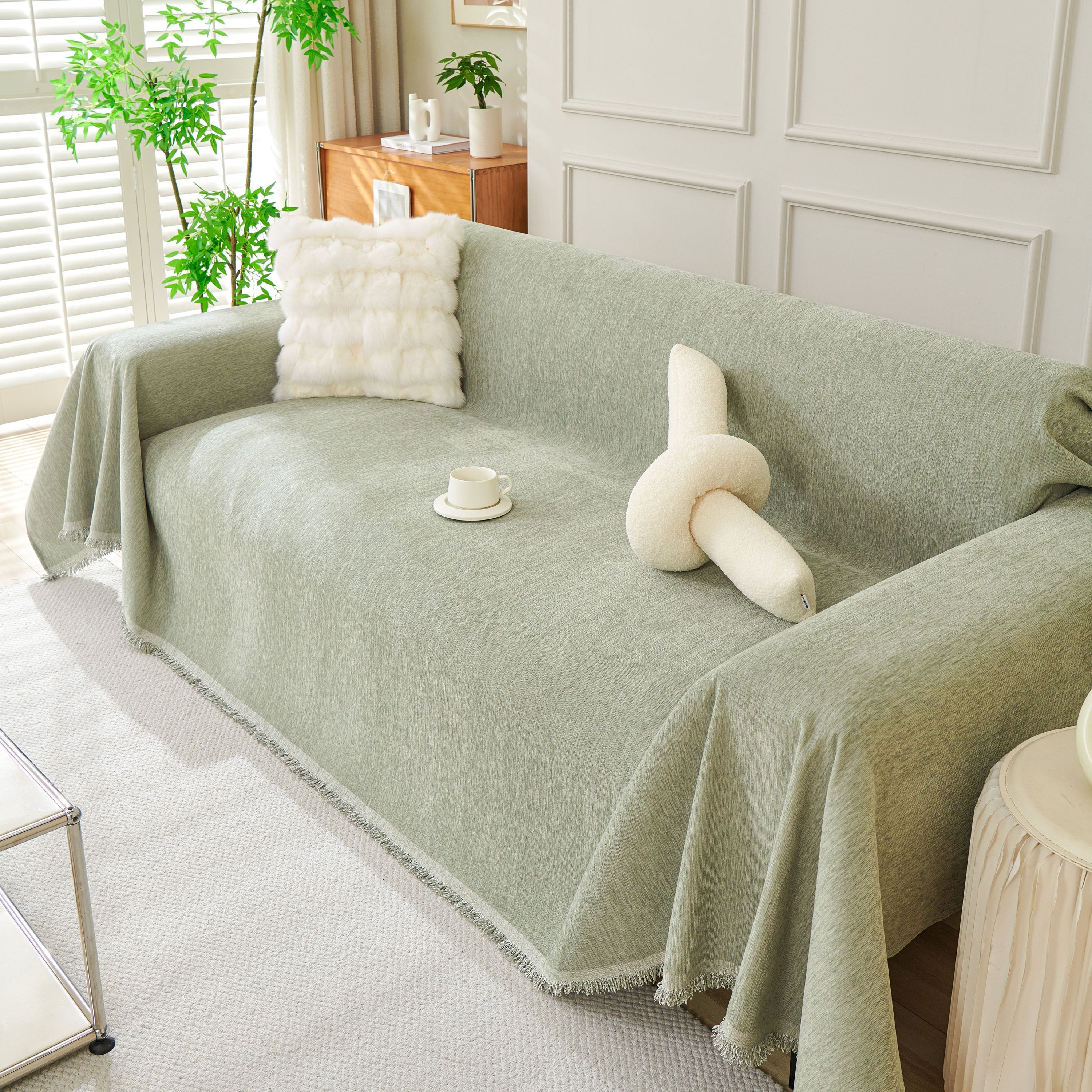Solid Chenille Sofa Throw with Fringed Edge
