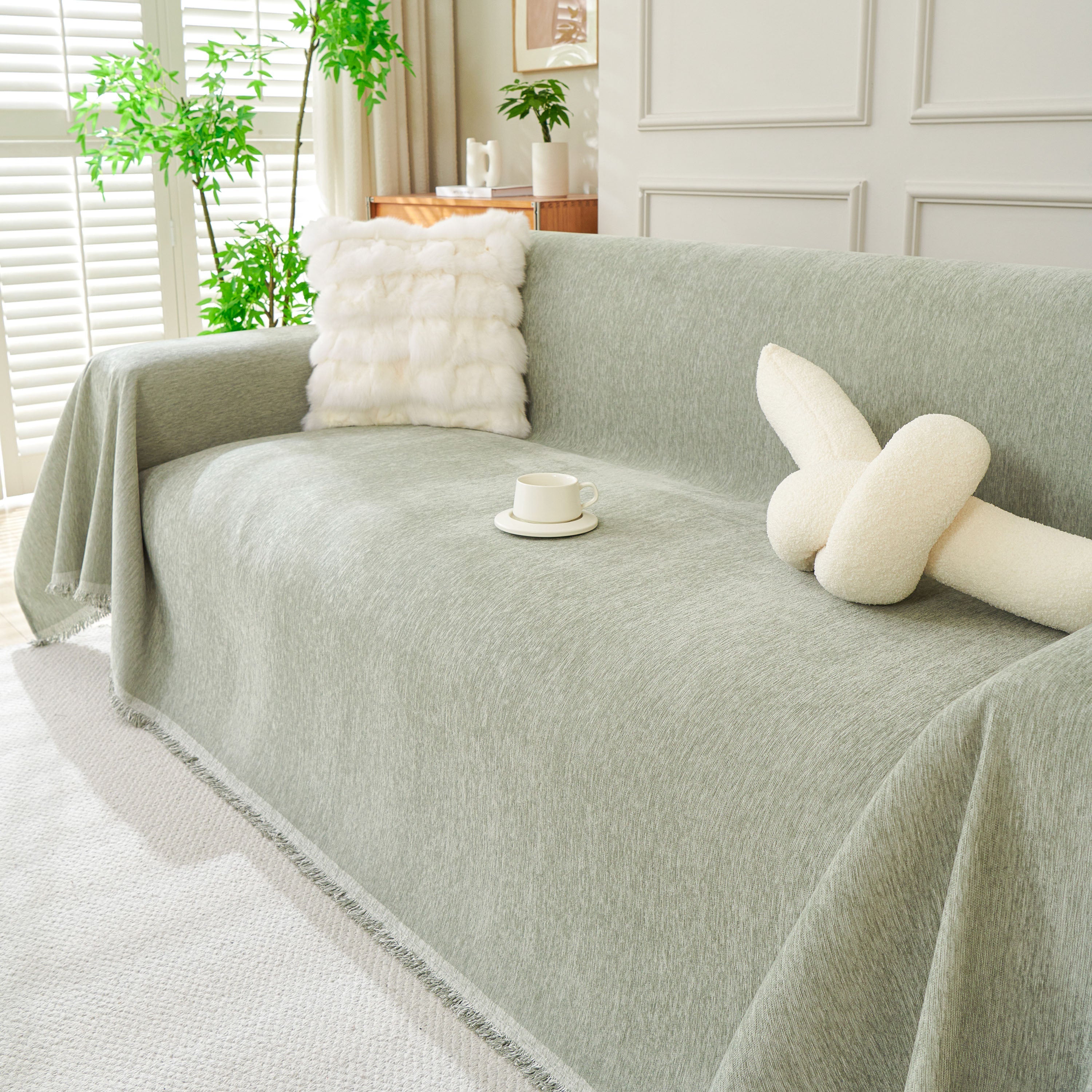 Solid Chenille Sofa Throw with Fringed Edge