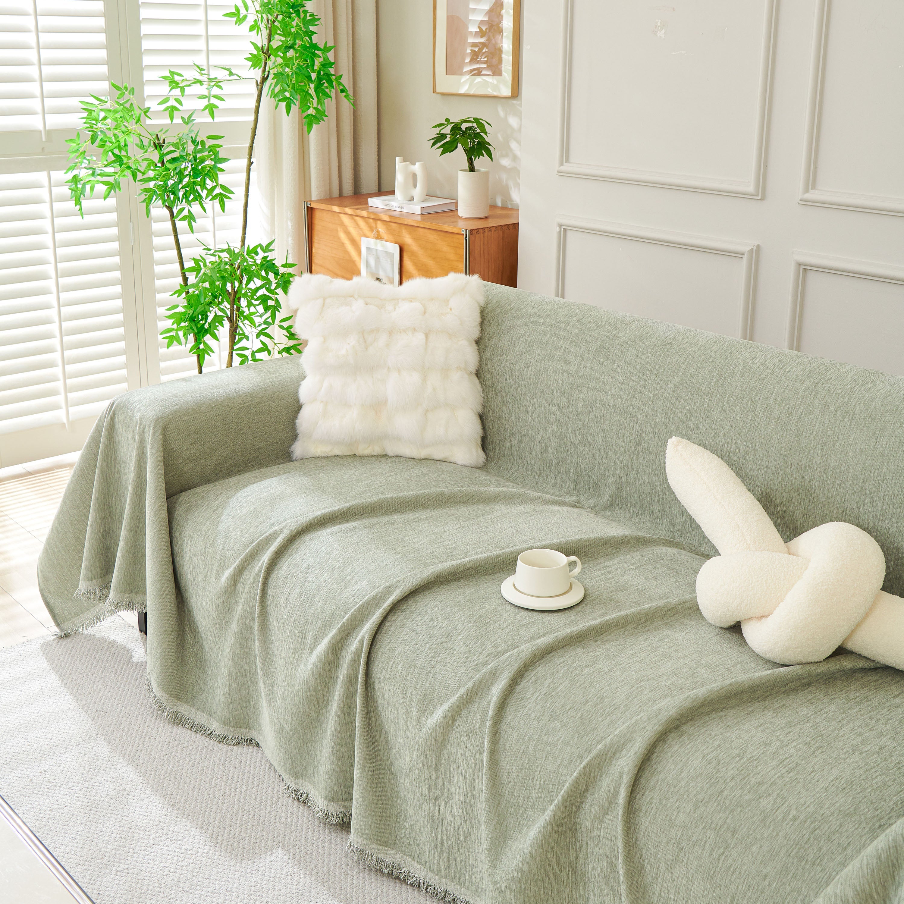 Solid Chenille Sofa Throw with Fringed Edge