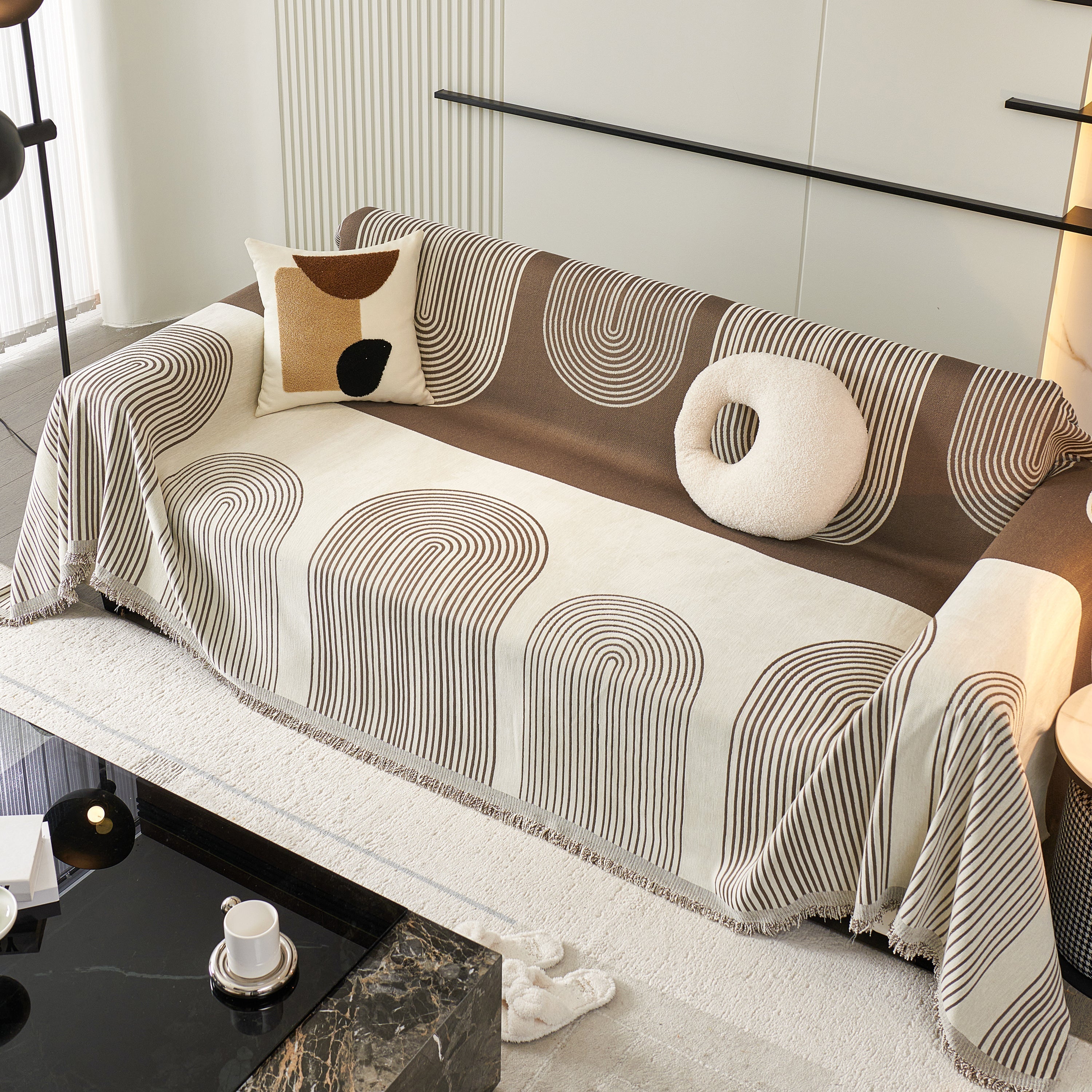 Striped Chenille Sofa Cover with Fringe Trim