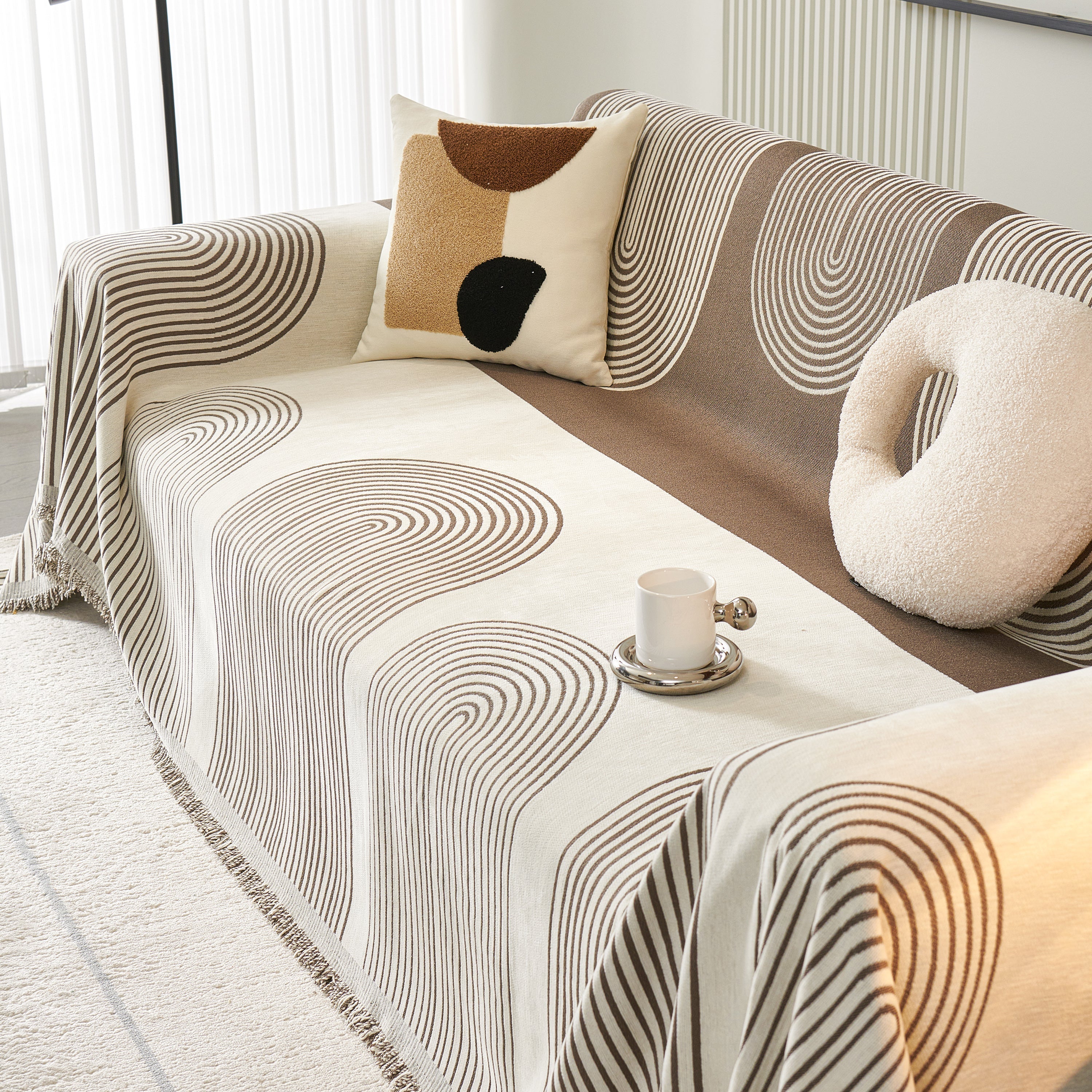 Striped Chenille Sofa Cover with Fringe Trim