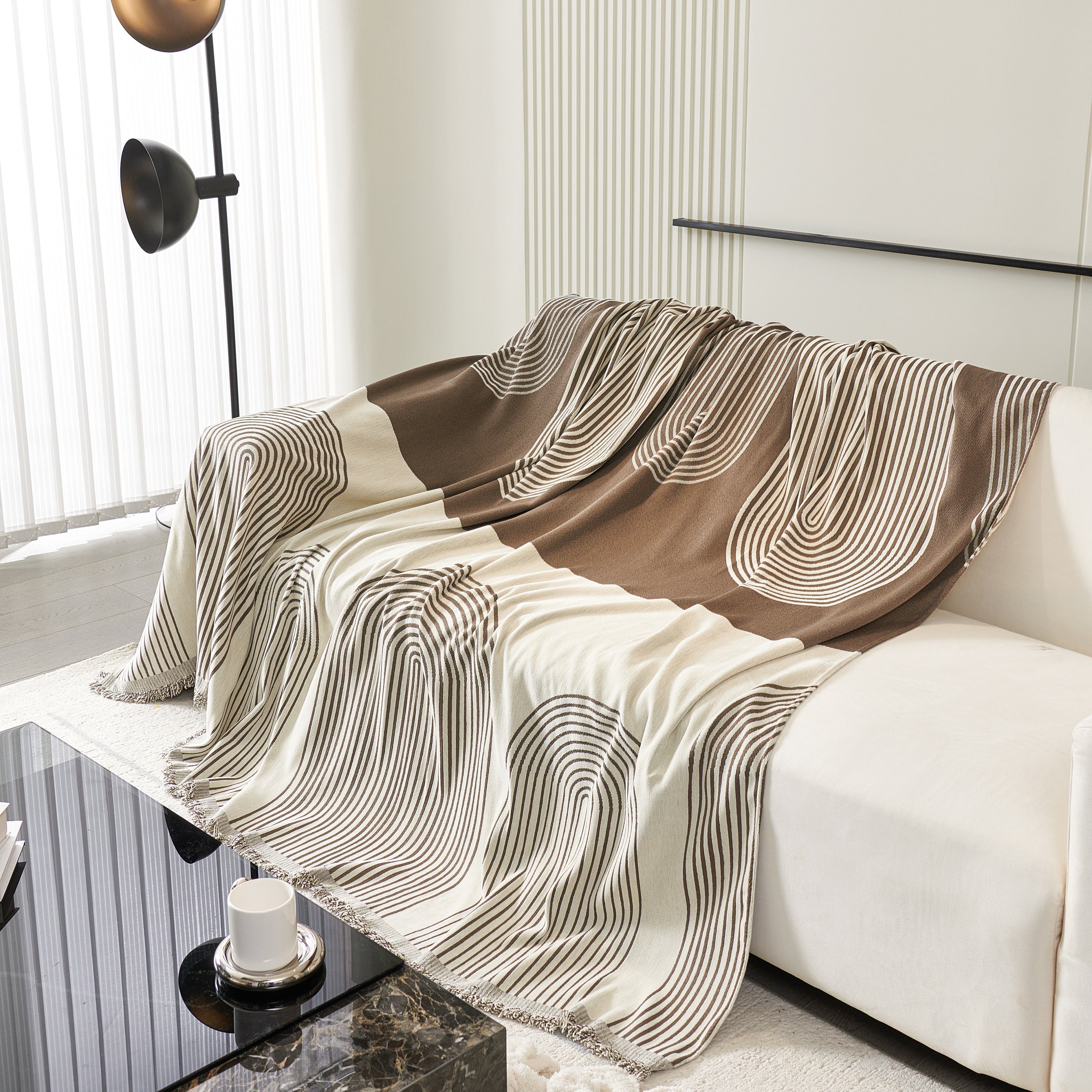 Striped Chenille Sofa Cover with Fringe Trim
