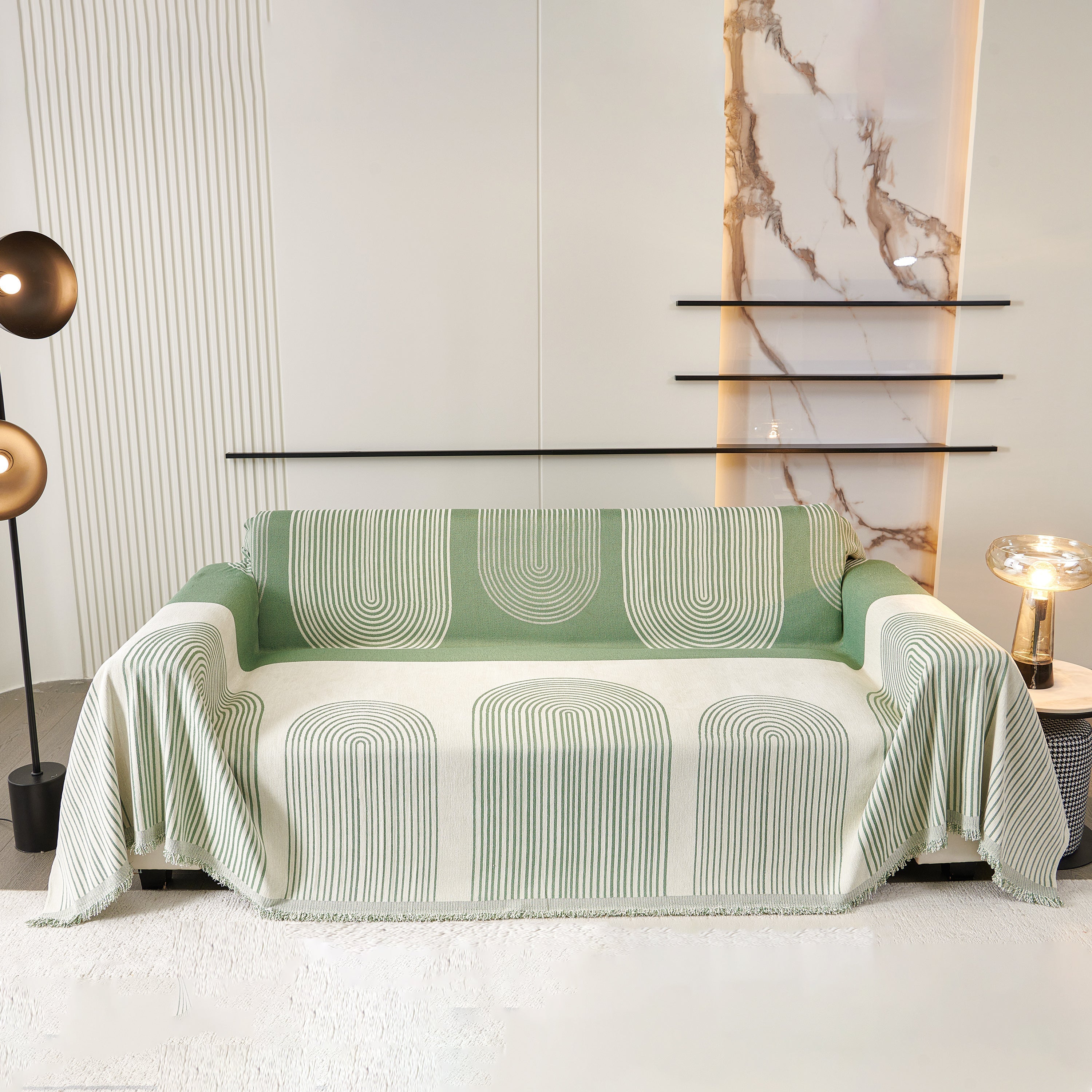 Striped Chenille Sofa Cover with Fringe Trim