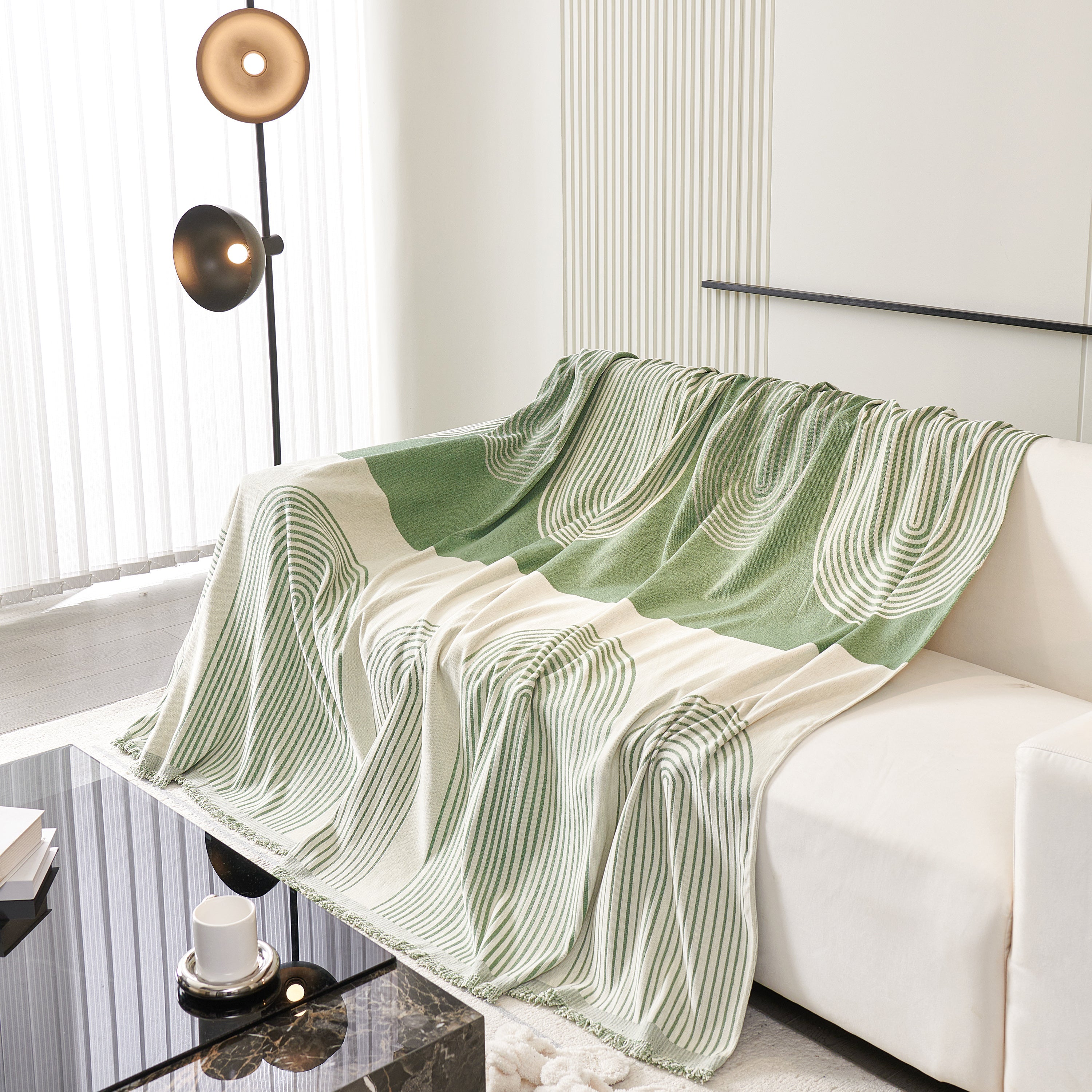 Striped Chenille Sofa Cover with Fringe Trim