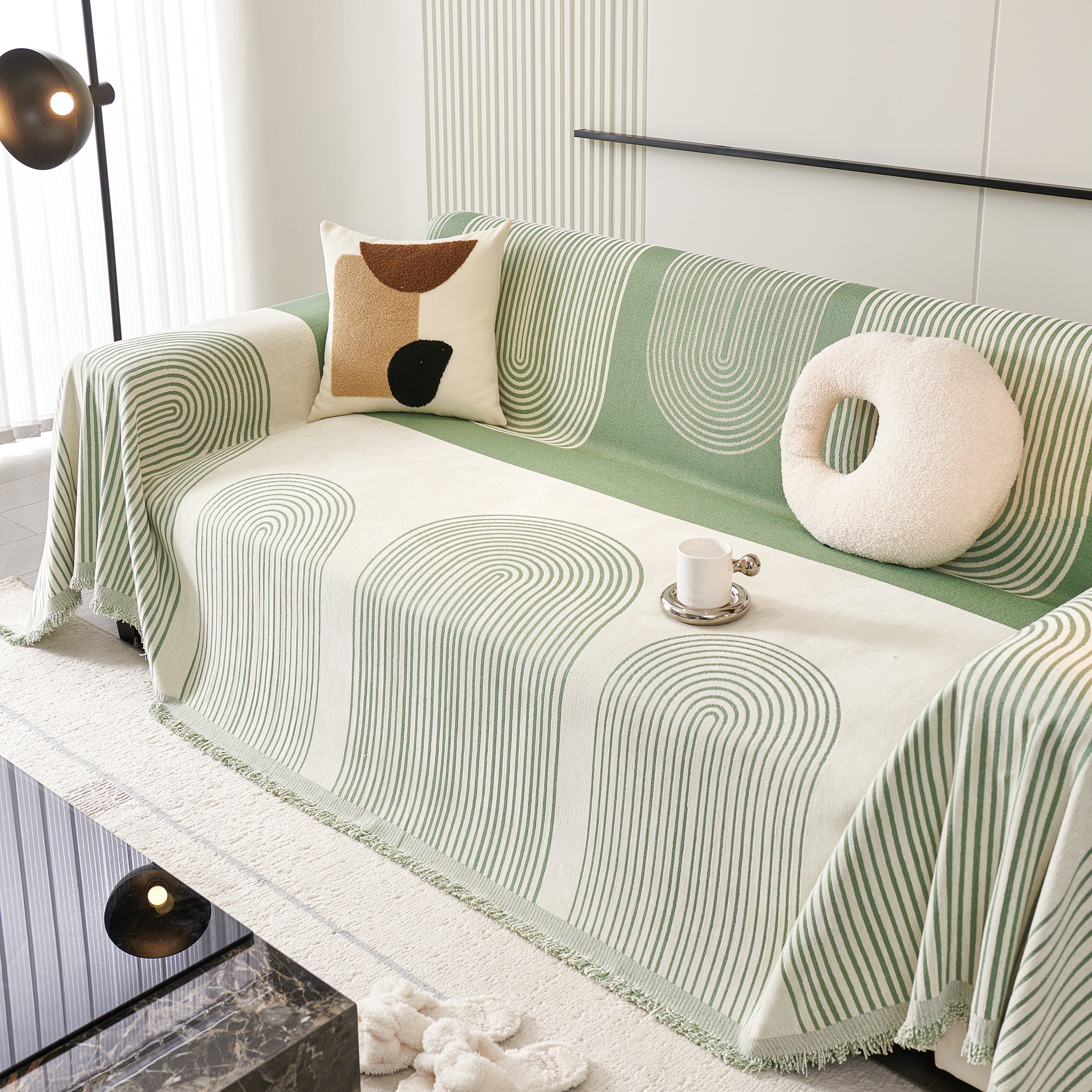 Striped Chenille Sofa Cover with Fringe Trim