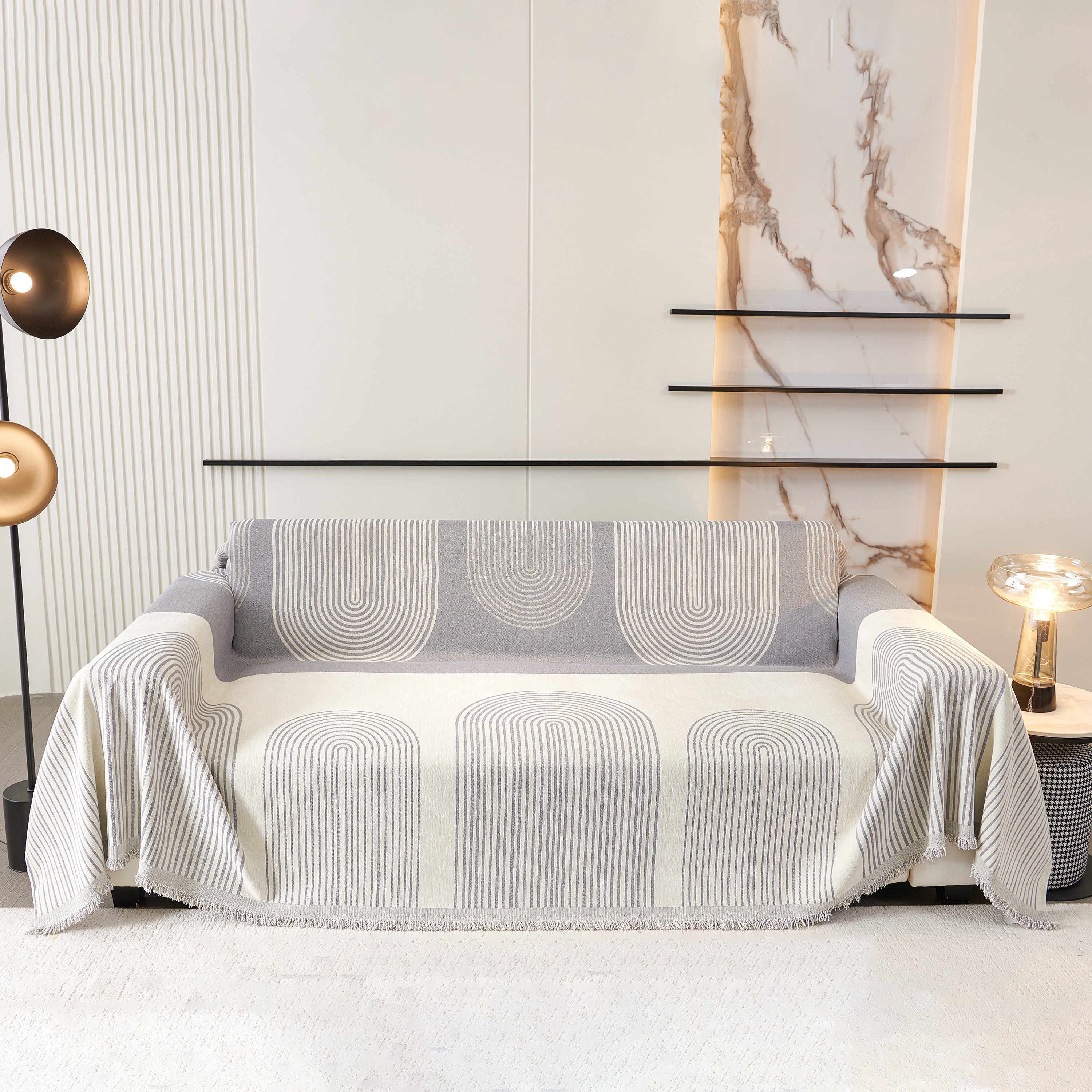 Striped Chenille Sofa Cover with Fringe Trim
