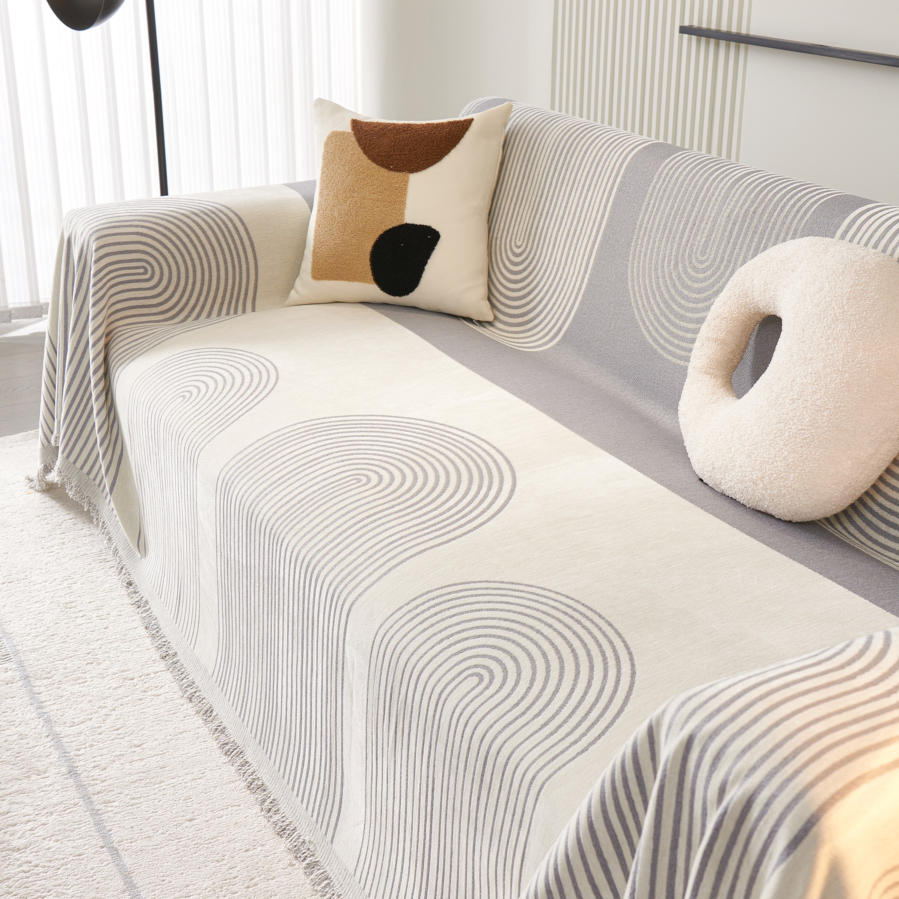 Striped Chenille Sofa Cover with Fringe Trim