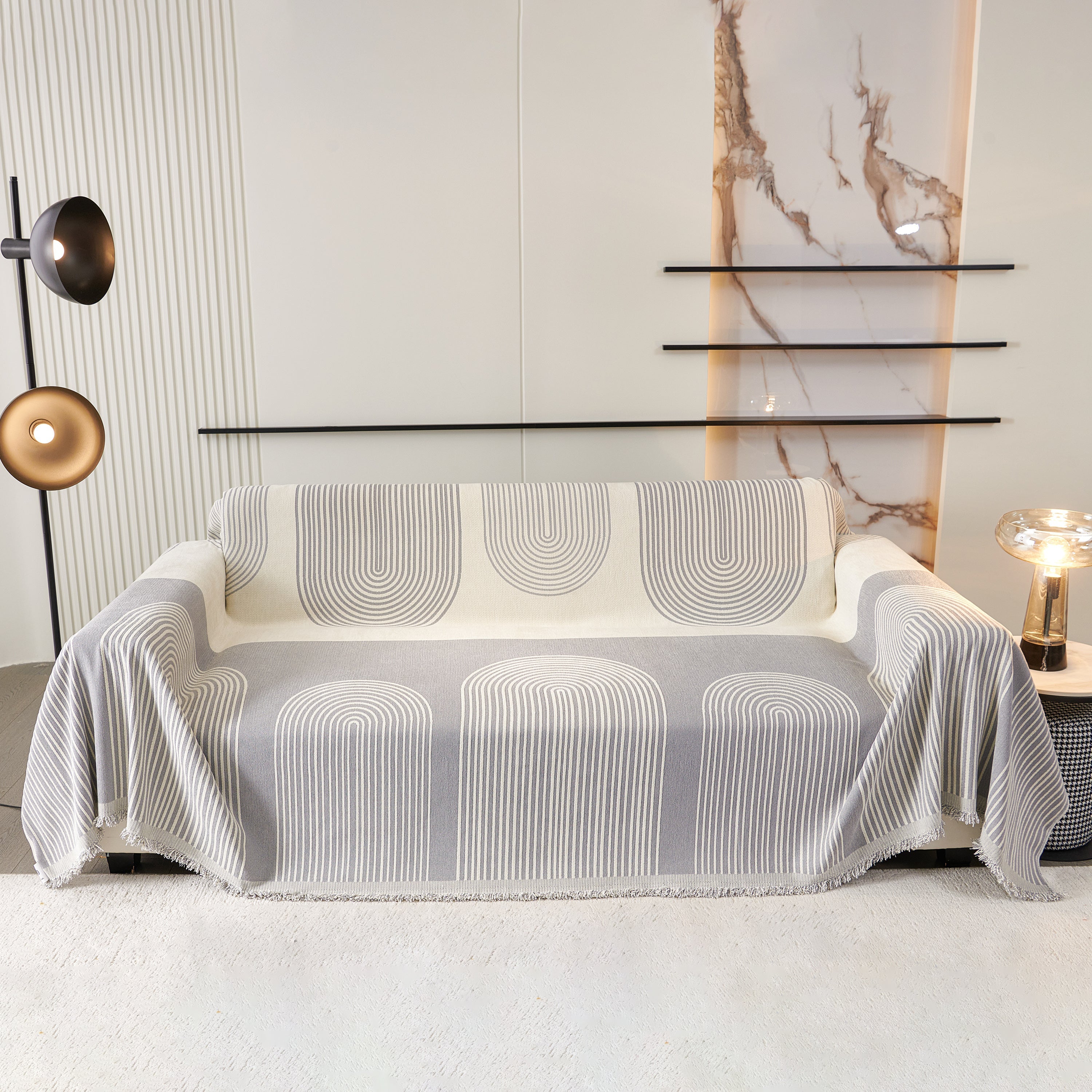 Striped Chenille Sofa Cover with Fringe Trim