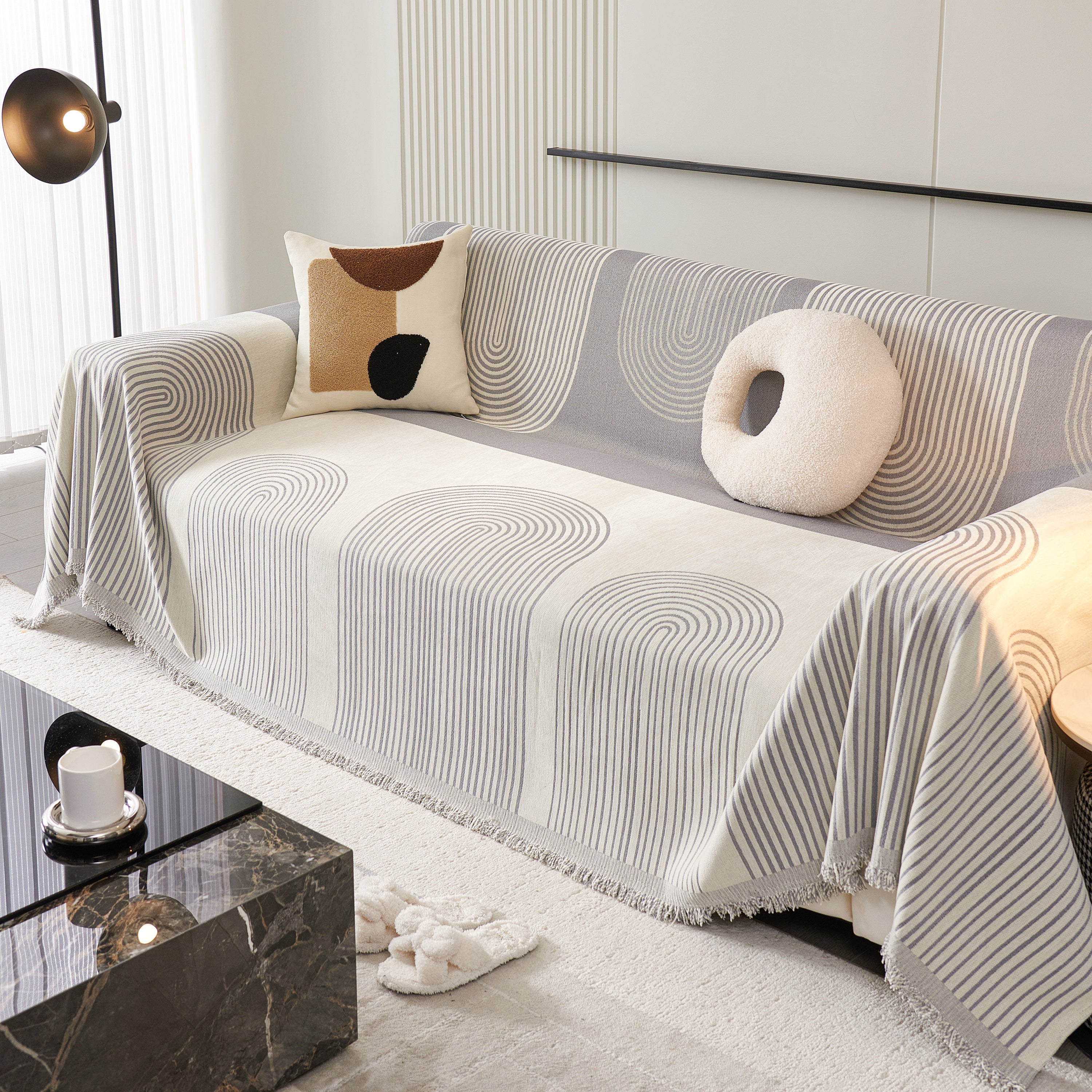 Striped Chenille Sofa Cover with Fringe Trim