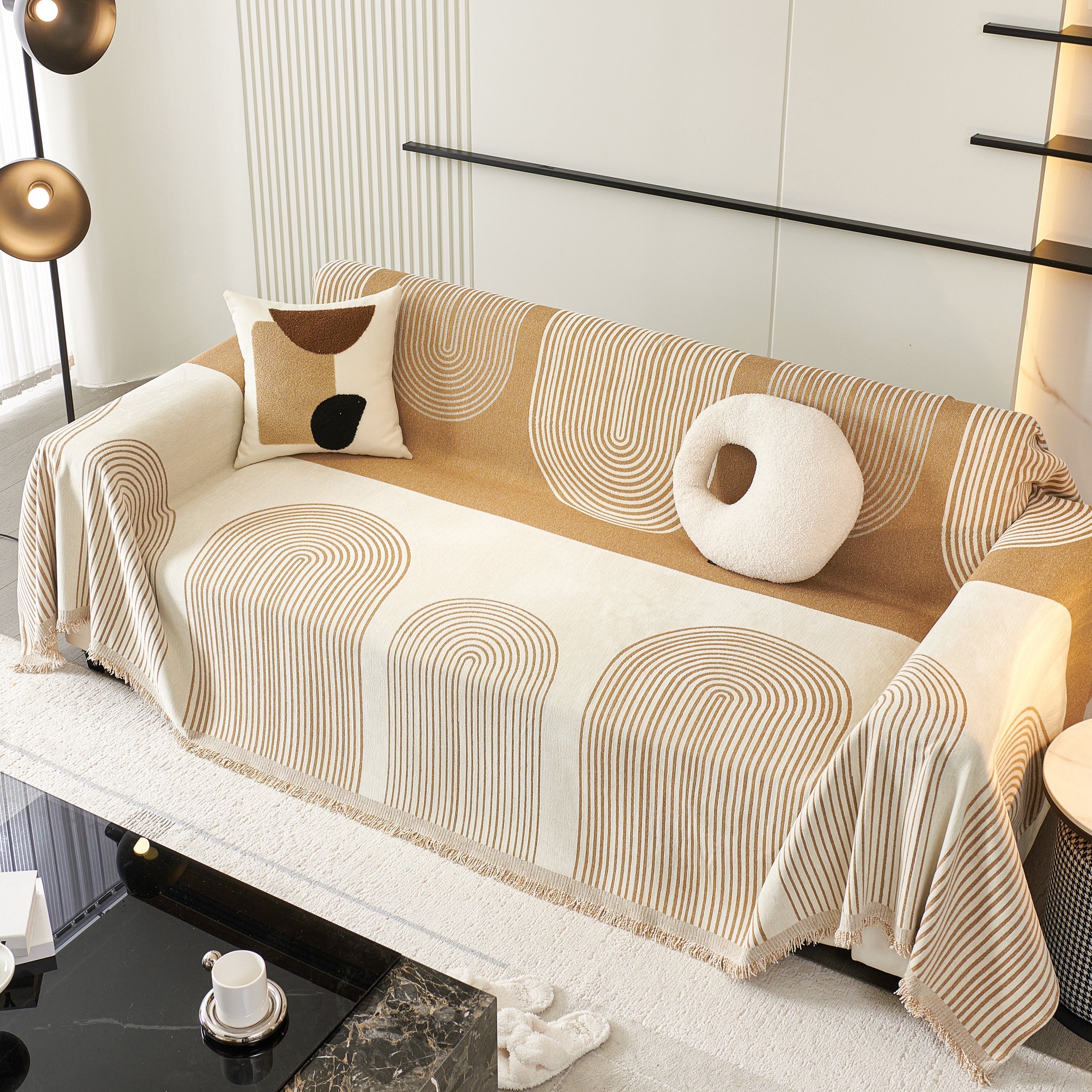 Striped Chenille Sofa Cover with Fringe Trim