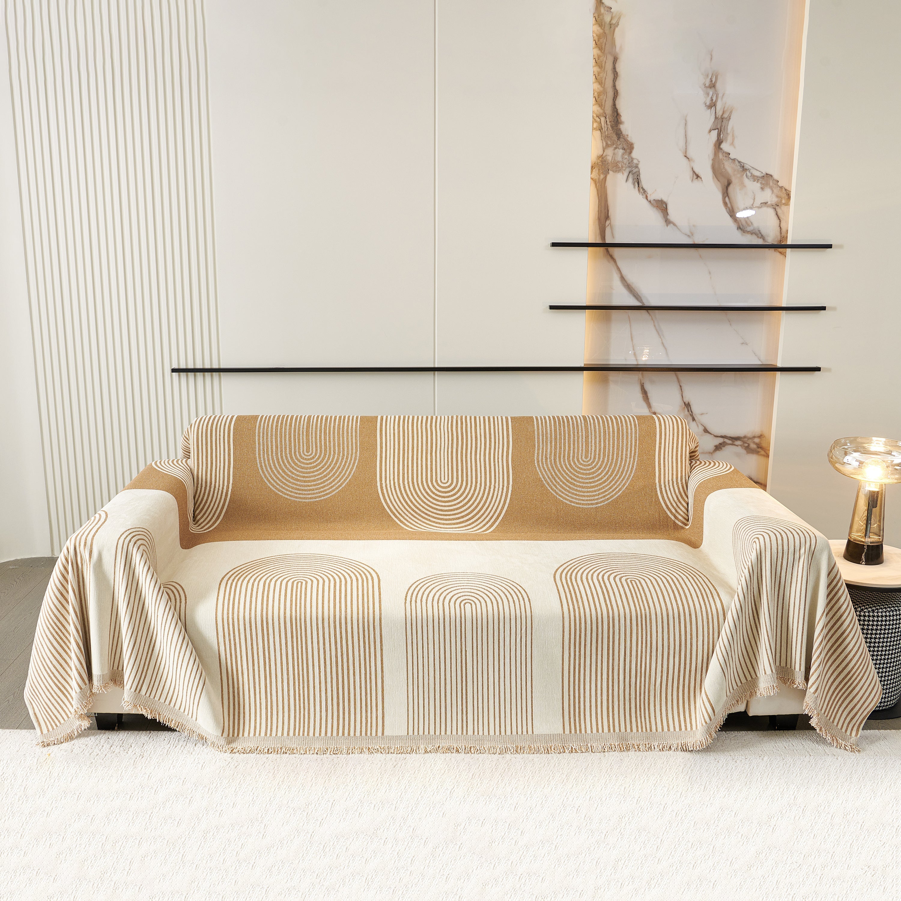 Striped Chenille Sofa Cover with Fringe Trim