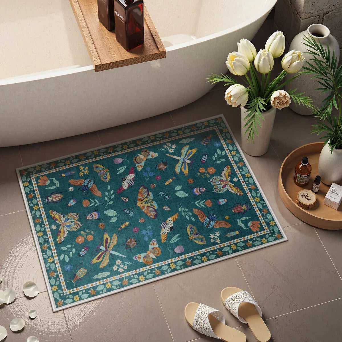 Teal Botanical Insect Rug with Floral Border