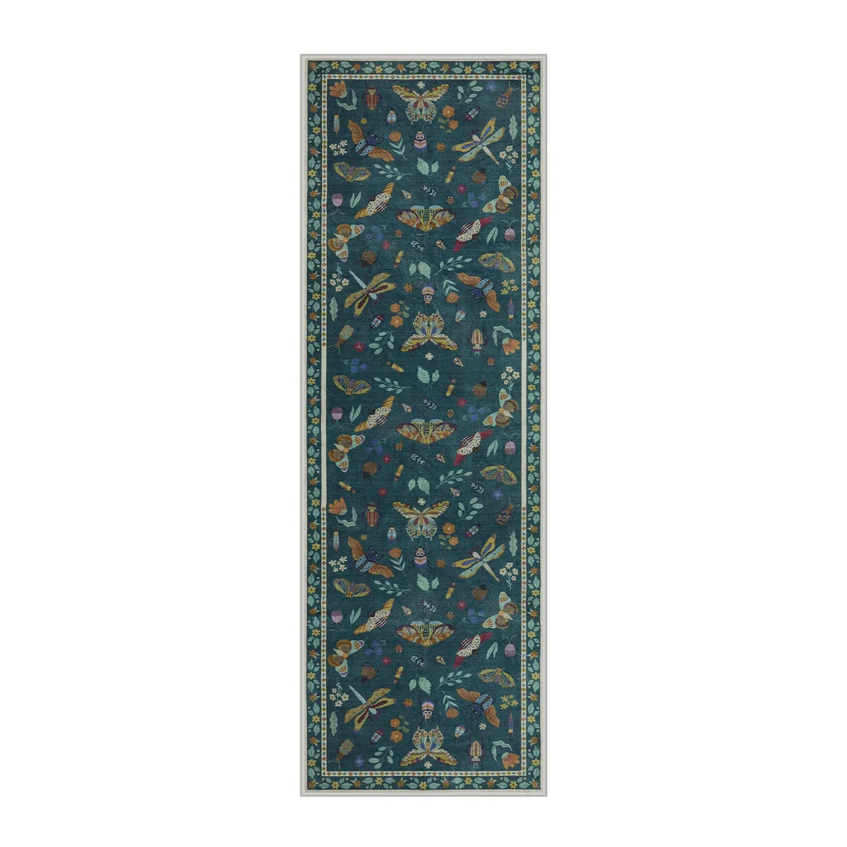 Teal Botanical Insect Rug with Floral Border