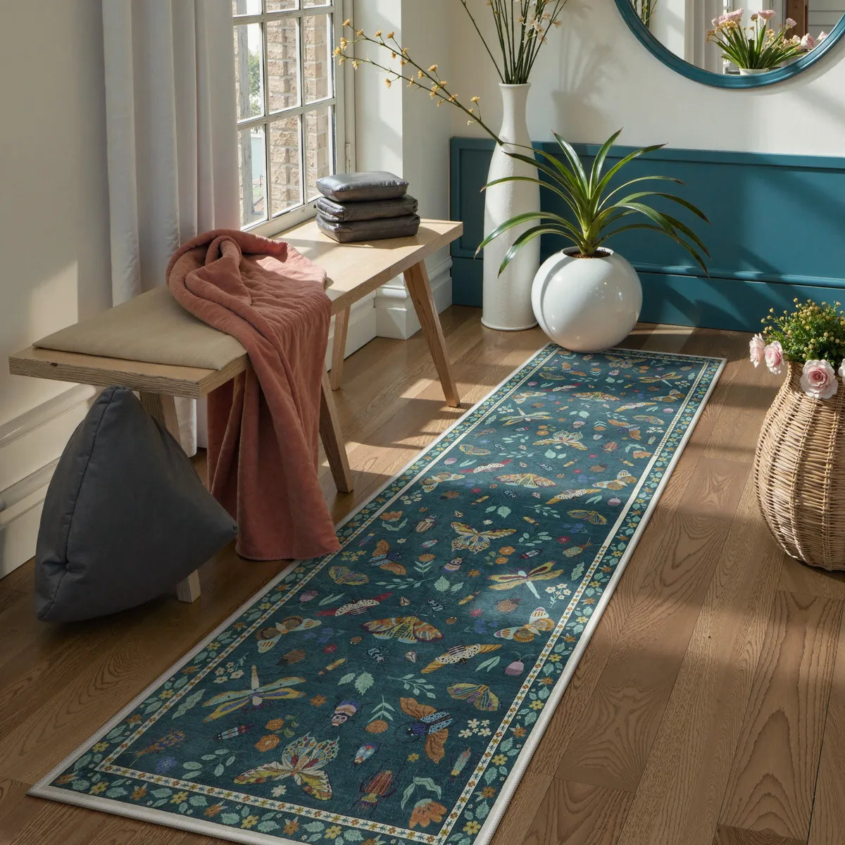 Teal Botanical Insect Rug with Floral Border