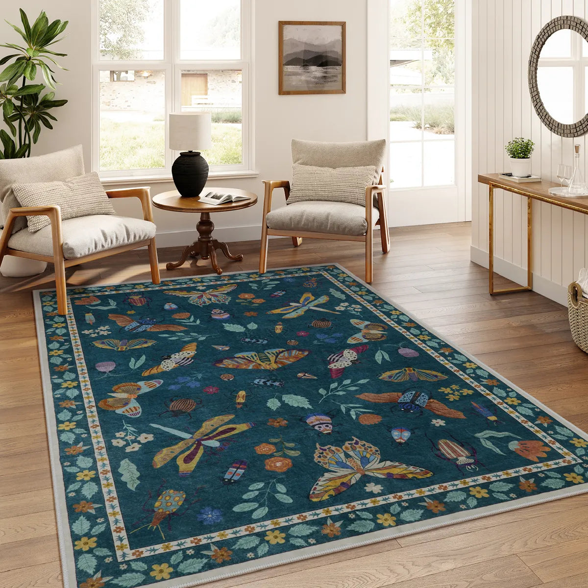 Teal Botanical Insect Rug with Floral Border