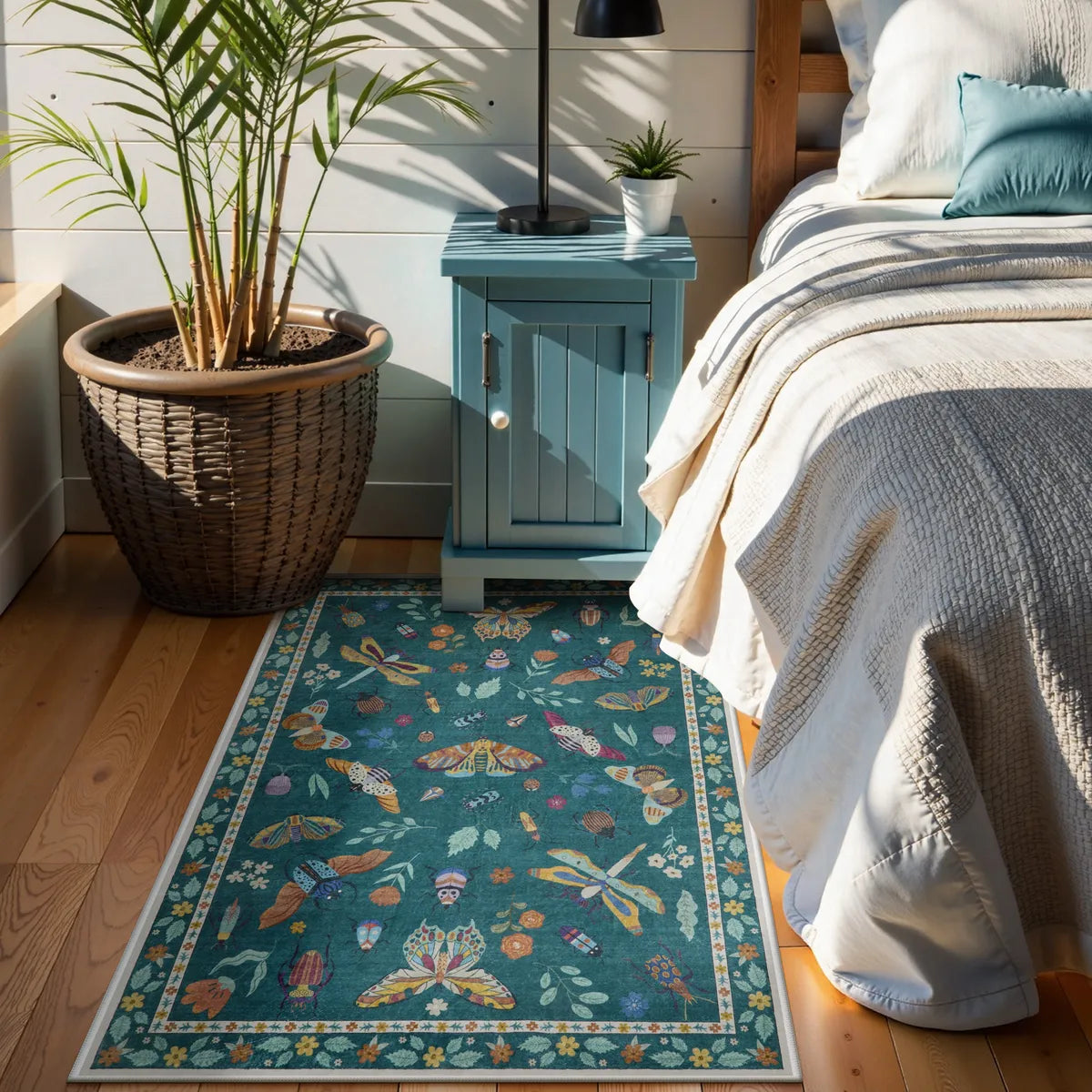Teal Botanical Insect Rug with Floral Border