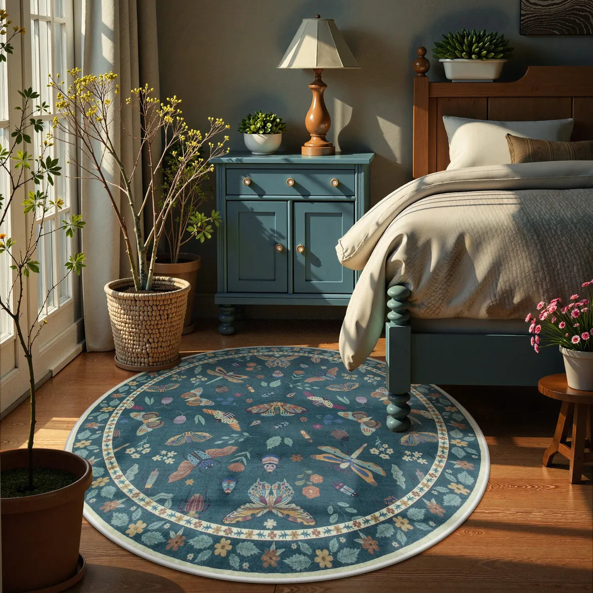 Teal Botanical Insect Rug with Floral Border