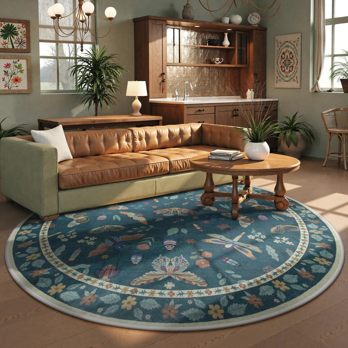 Teal Botanical Insect Rug with Floral Border