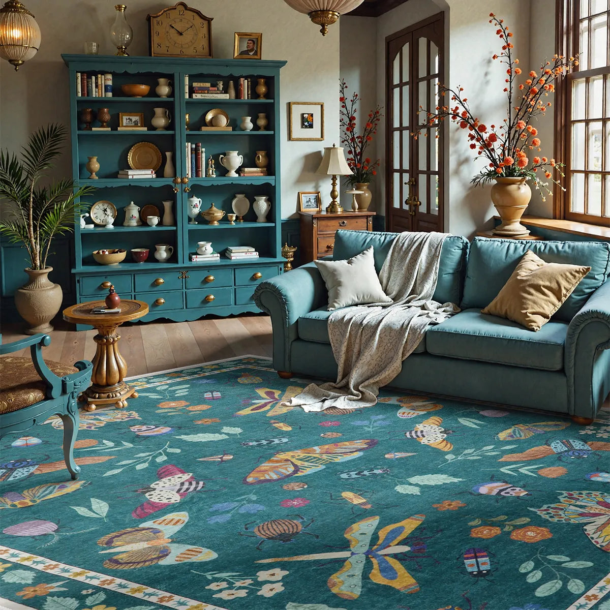 Teal Botanical Insect Rug with Floral Border