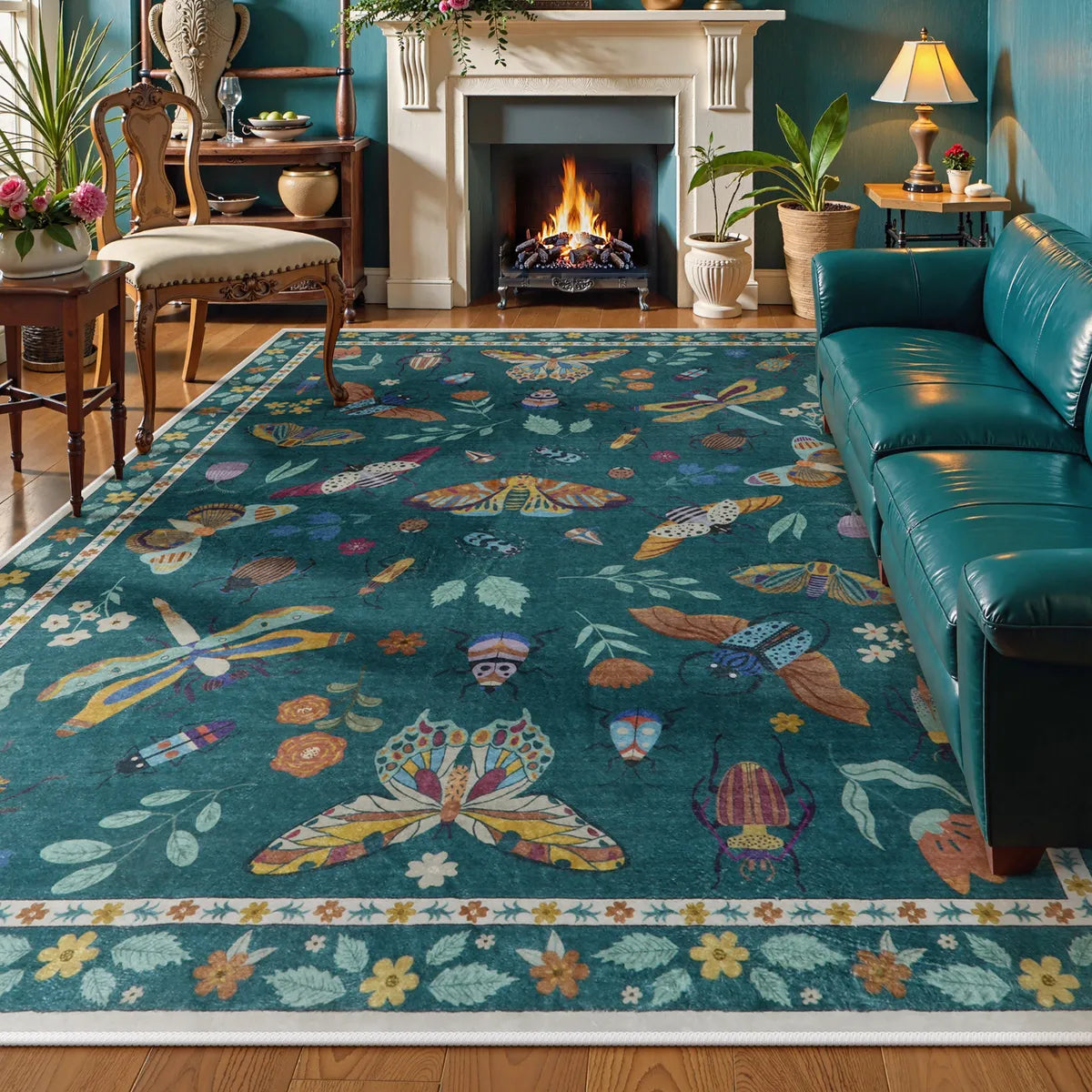 Teal Botanical Insect Rug with Floral Border