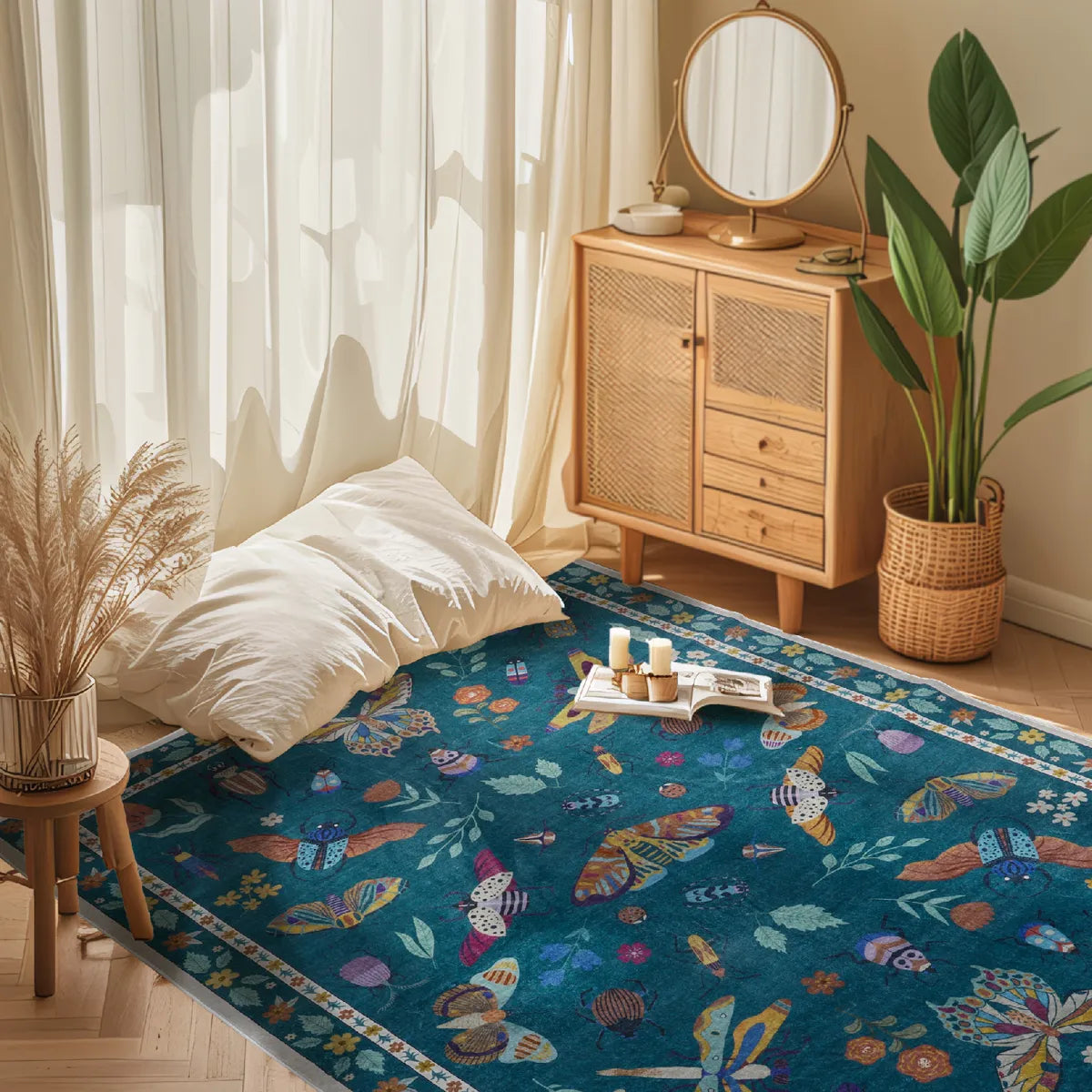 Teal Botanical Insect Rug with Floral Border
