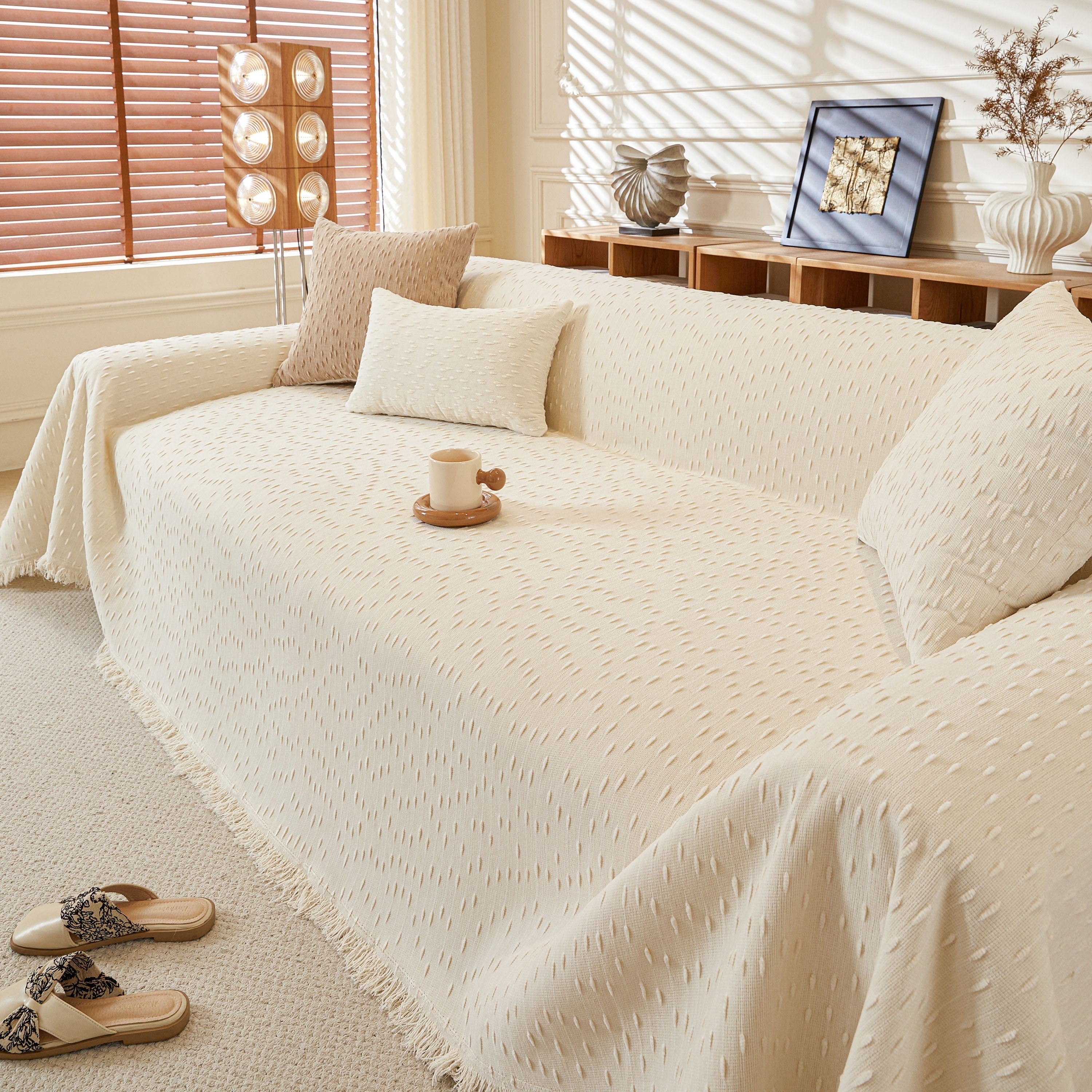 Textured Chenille Sofa Cover with Fringe Trim