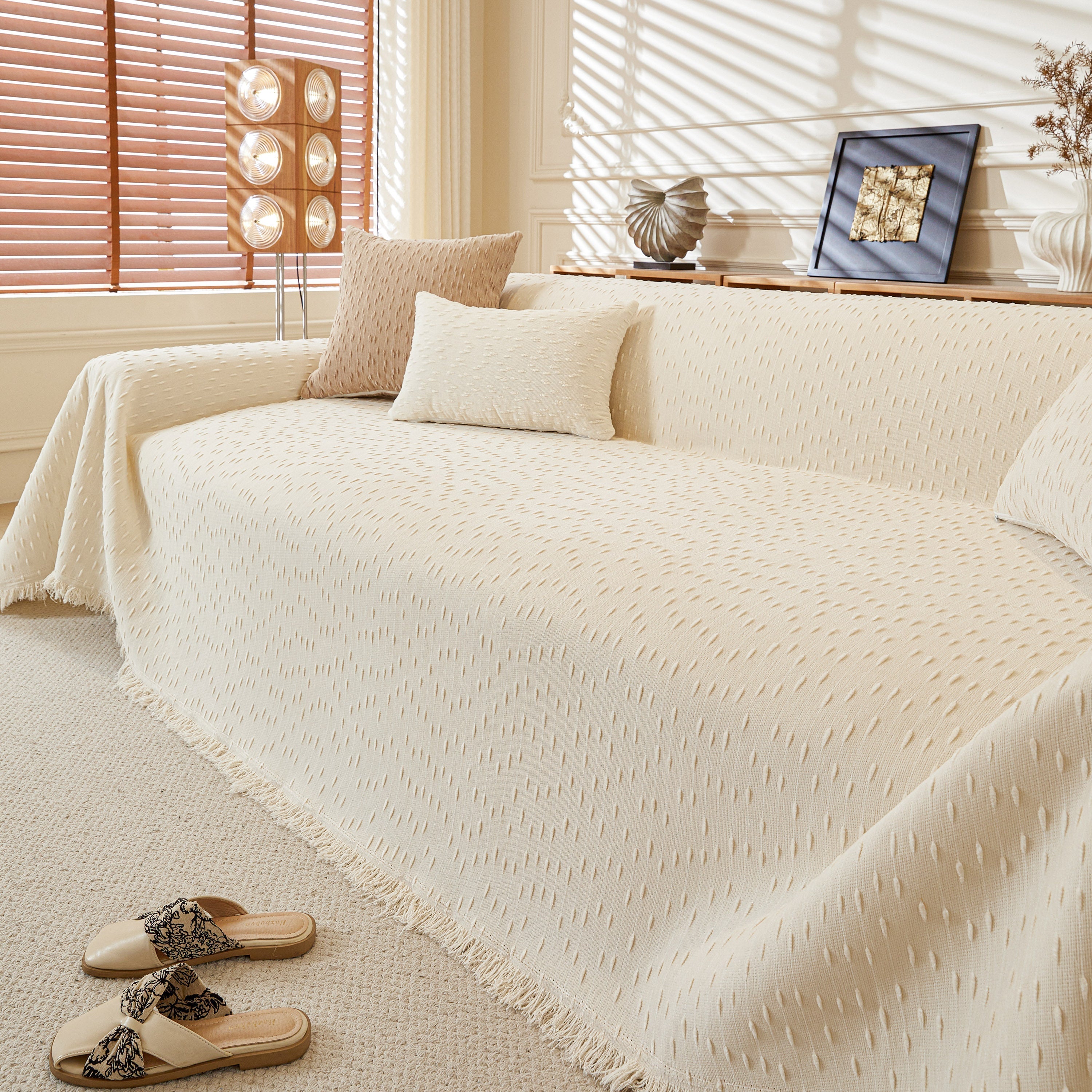 Textured Chenille Sofa Cover with Fringe Trim