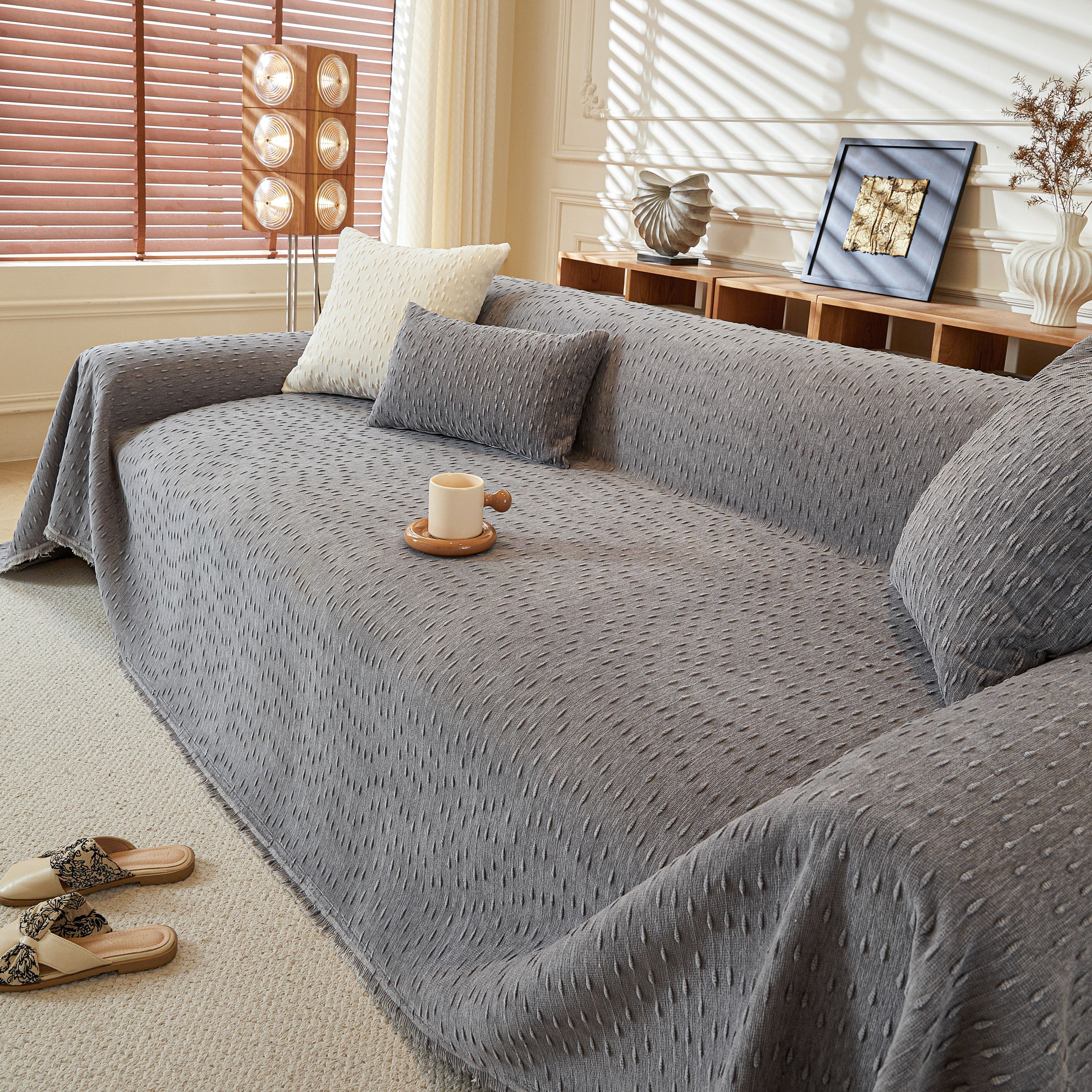 Textured Chenille Sofa Cover with Fringe Trim