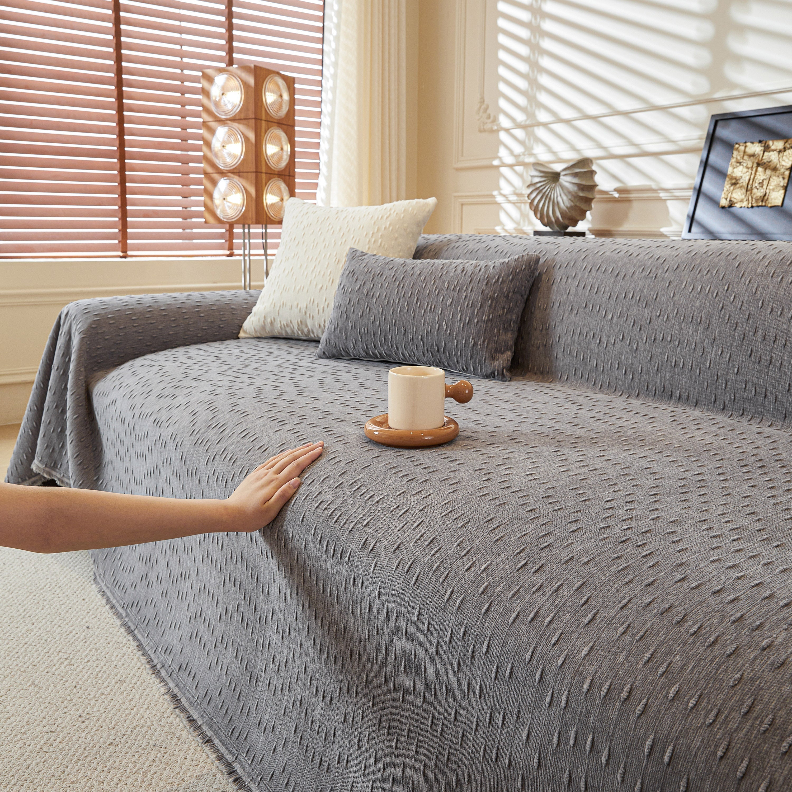 Textured Chenille Sofa Cover with Fringe Trim