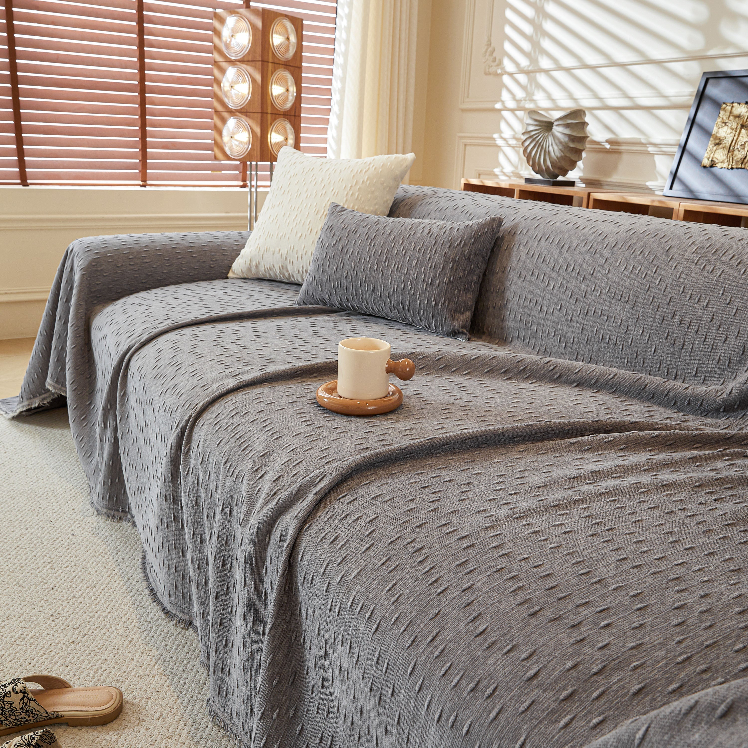 Textured Chenille Sofa Cover with Fringe Trim
