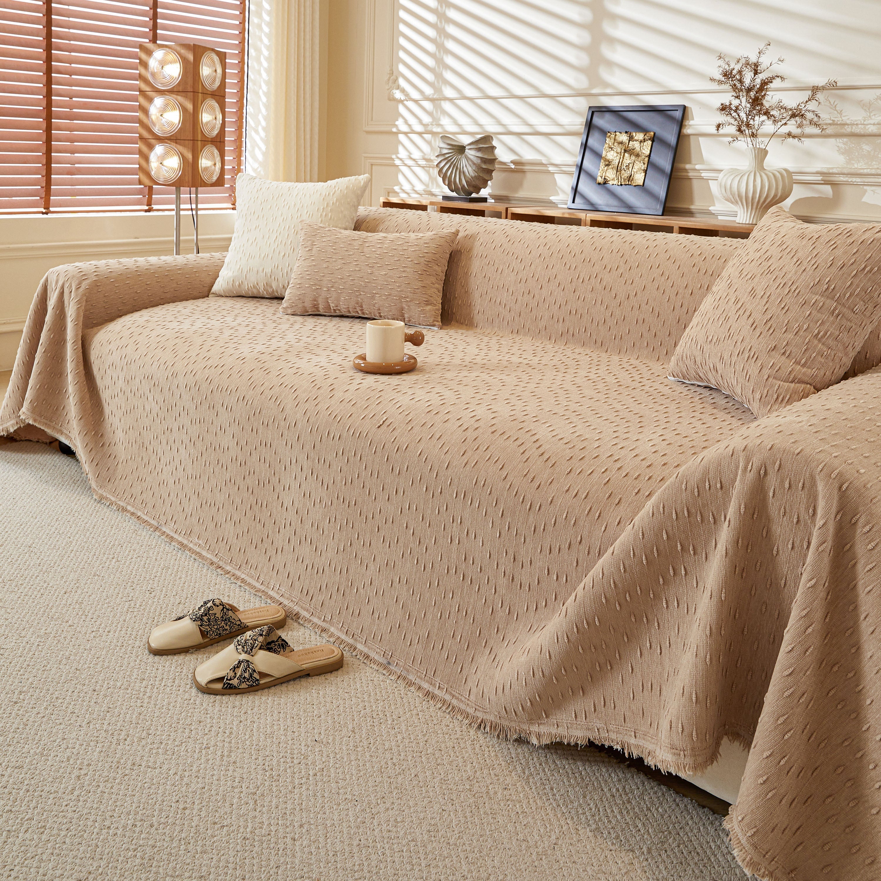 Textured Chenille Sofa Cover with Fringe Trim