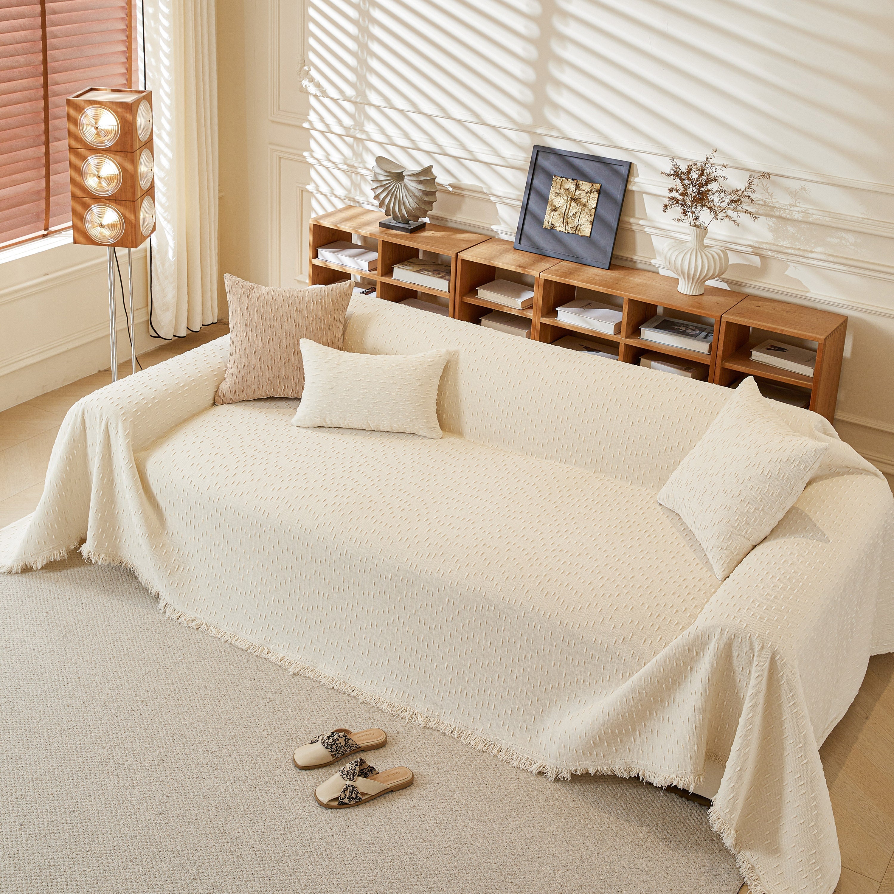 Textured Chenille Sofa Cover with Fringe Trim
