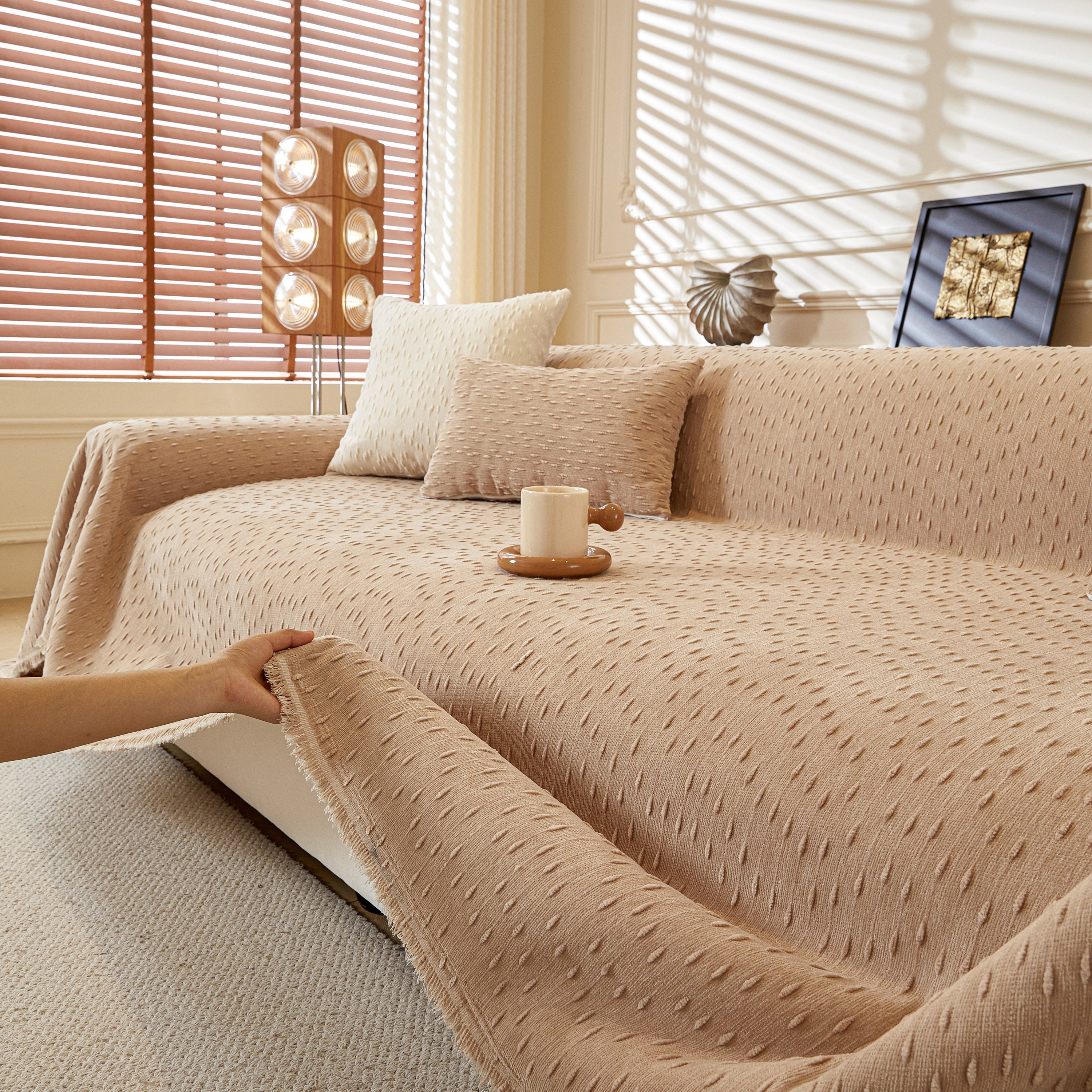 Textured Chenille Sofa Cover with Fringe Trim