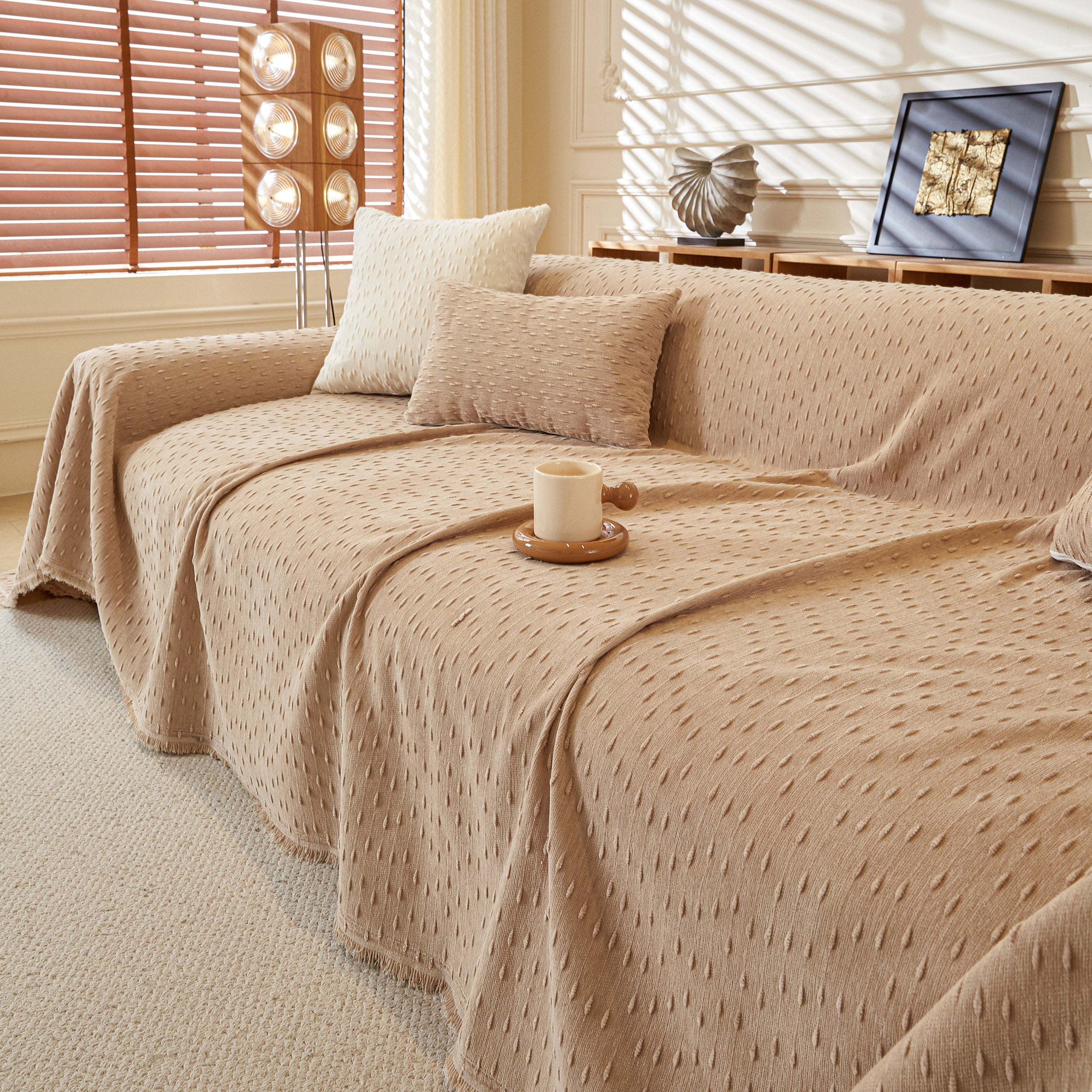 Textured Chenille Sofa Cover with Fringe Trim