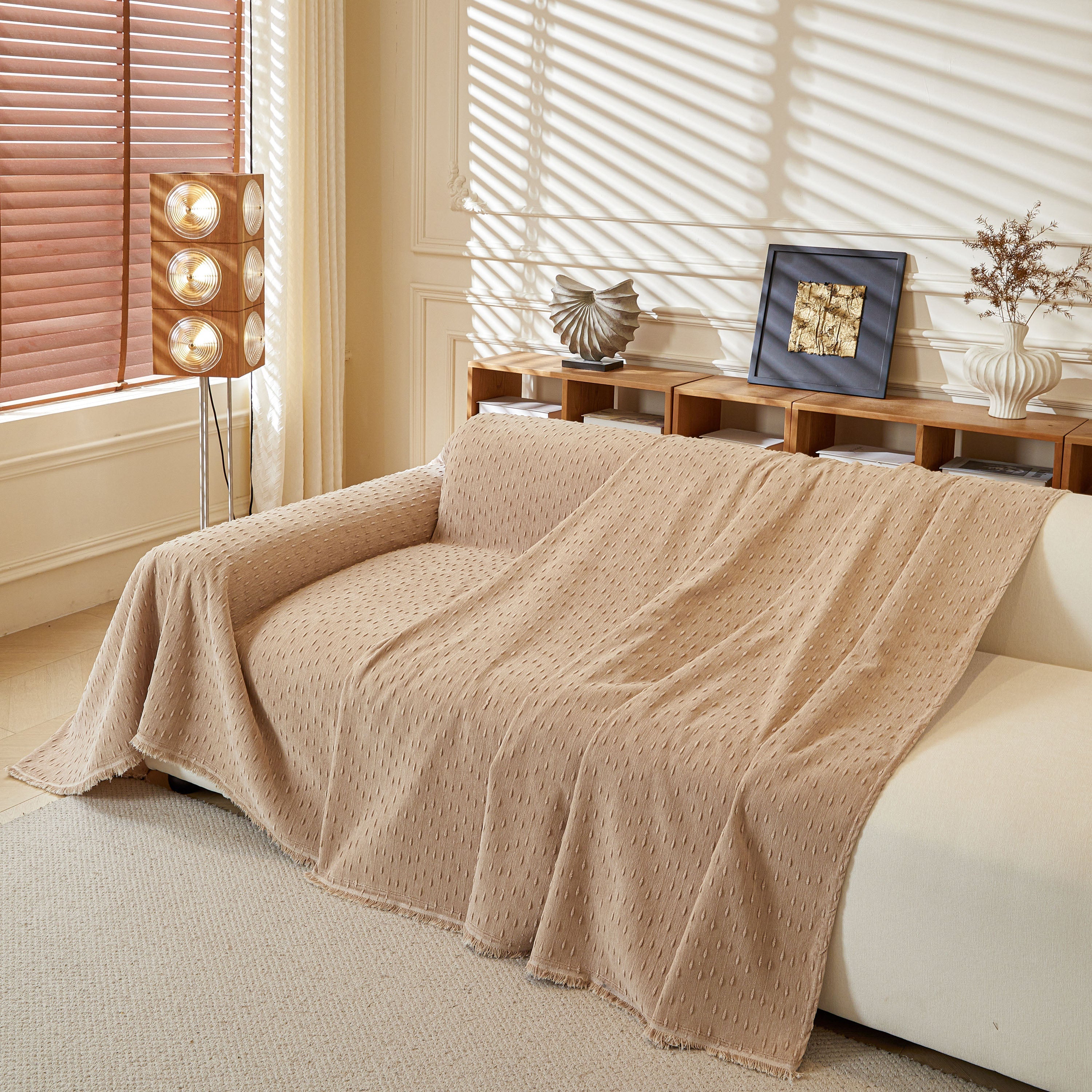 Textured Chenille Sofa Cover with Fringe Trim
