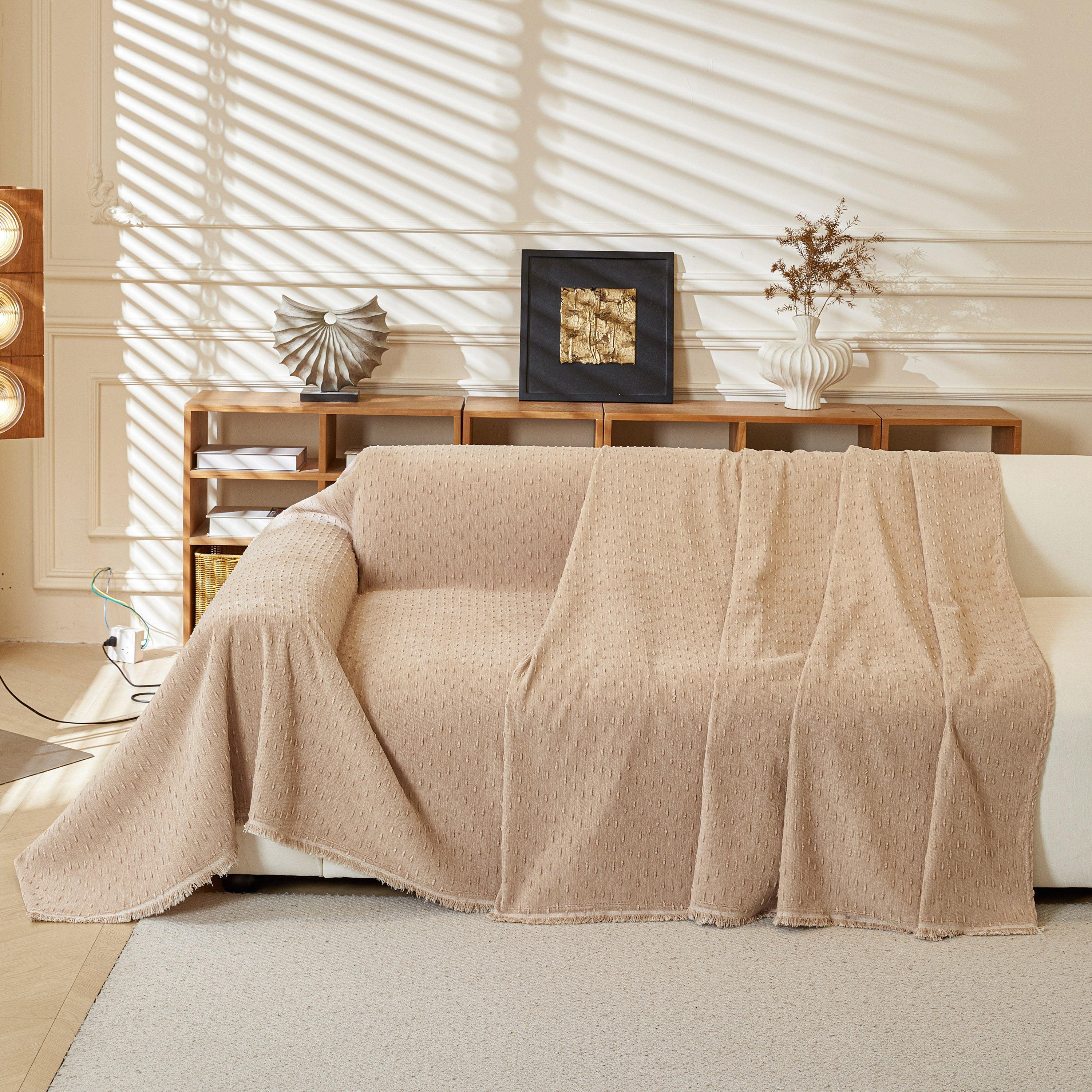 Textured Chenille Sofa Cover with Fringe Trim