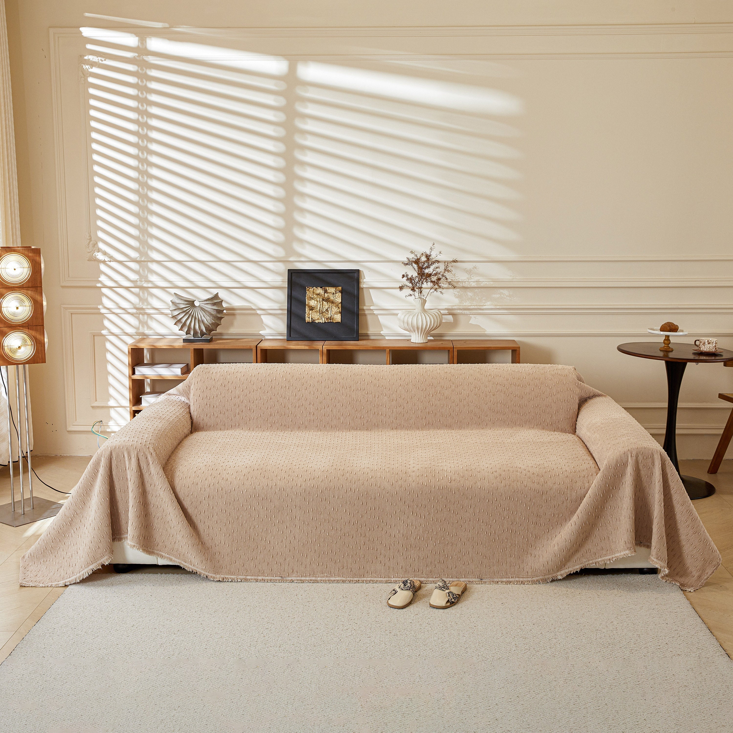 Textured Chenille Sofa Cover with Fringe Trim